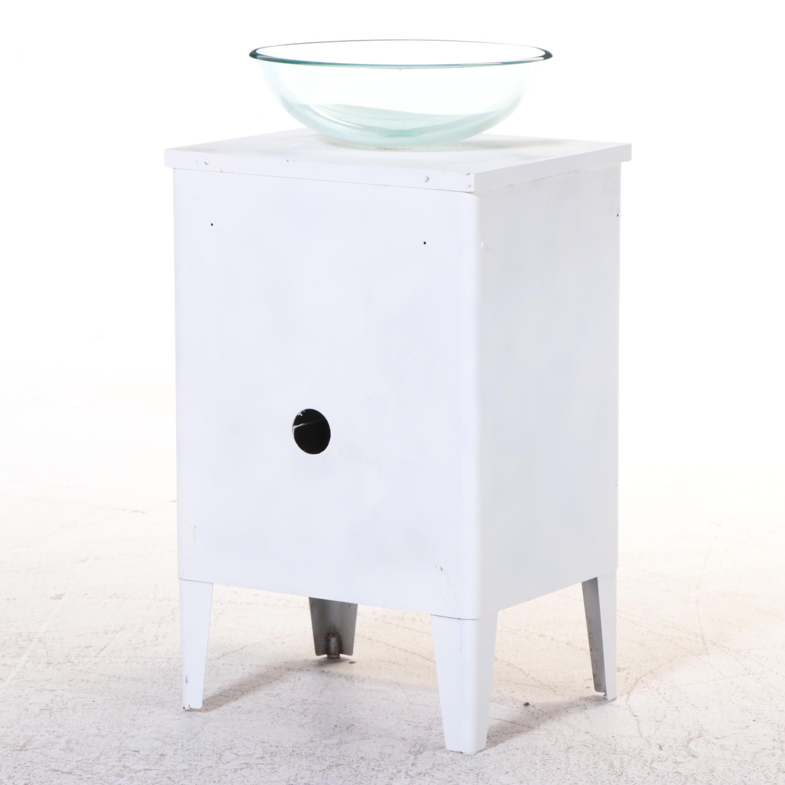 Bathroom Vanity with Glass Vessel Sink and MacKenzie-Childs Knobs and Towel