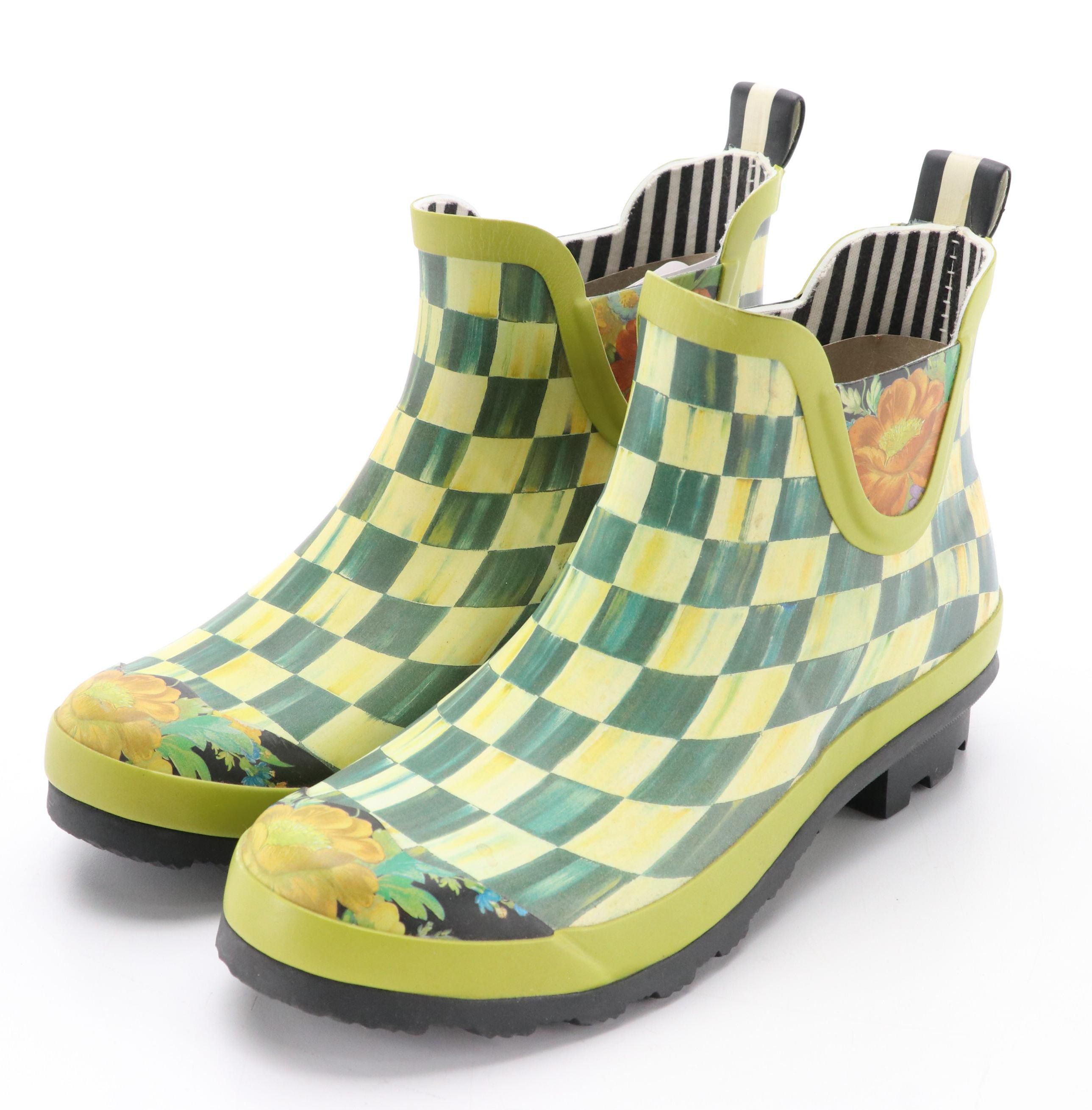 MacKenzie Childs Courtly Check Chelsea Short Rain Boots in Kiwi New in Box Everything But The House