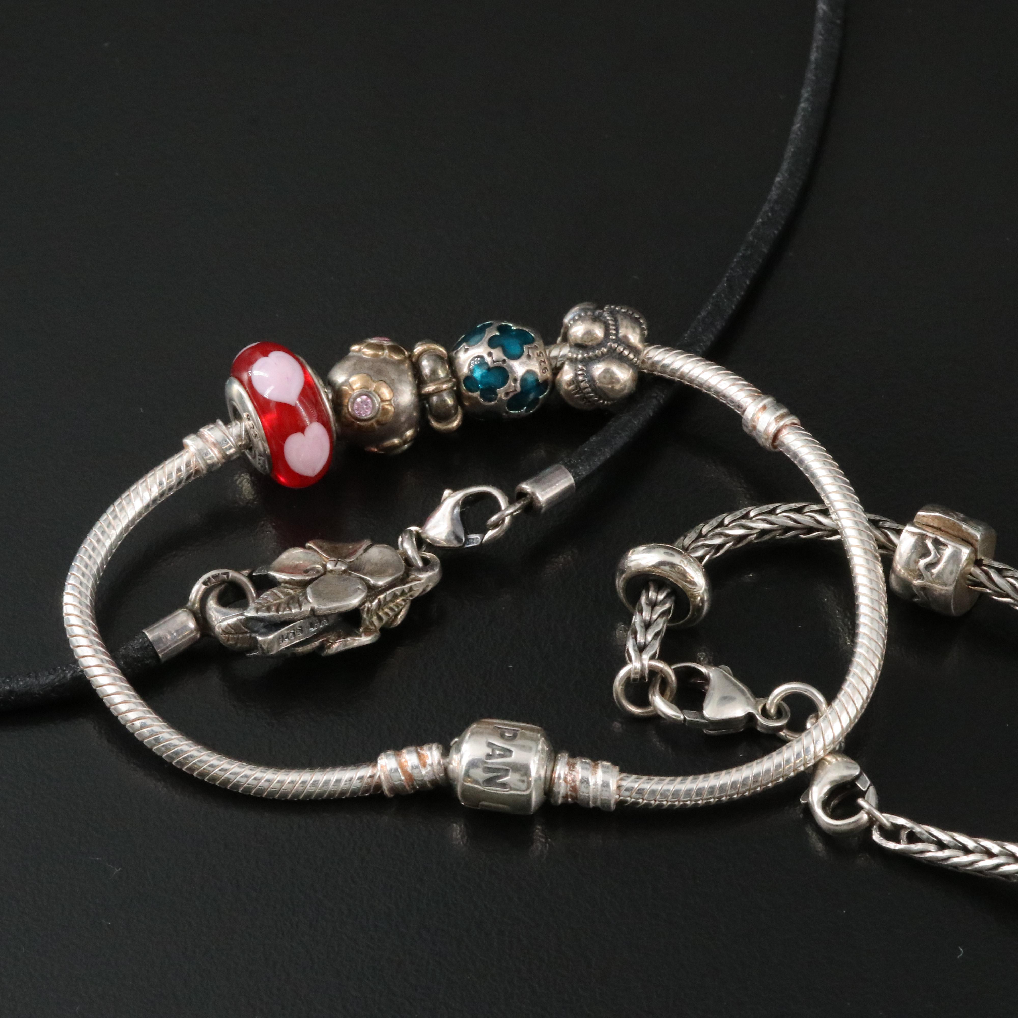 Sterling Necklace and Bracelets with Charms Including Pandora
