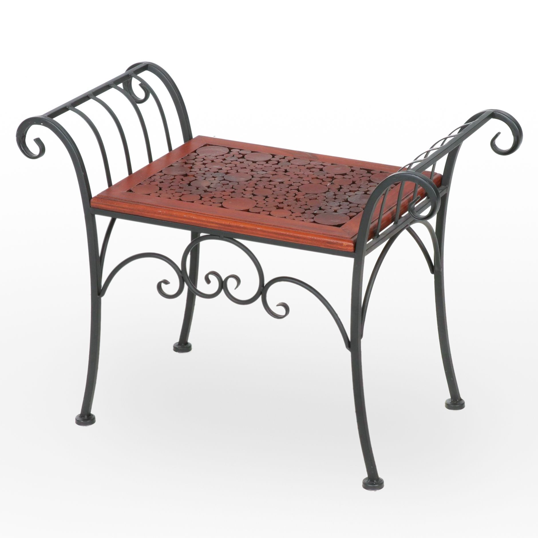 Metal Scroll Accent Table with Wood Disk Top