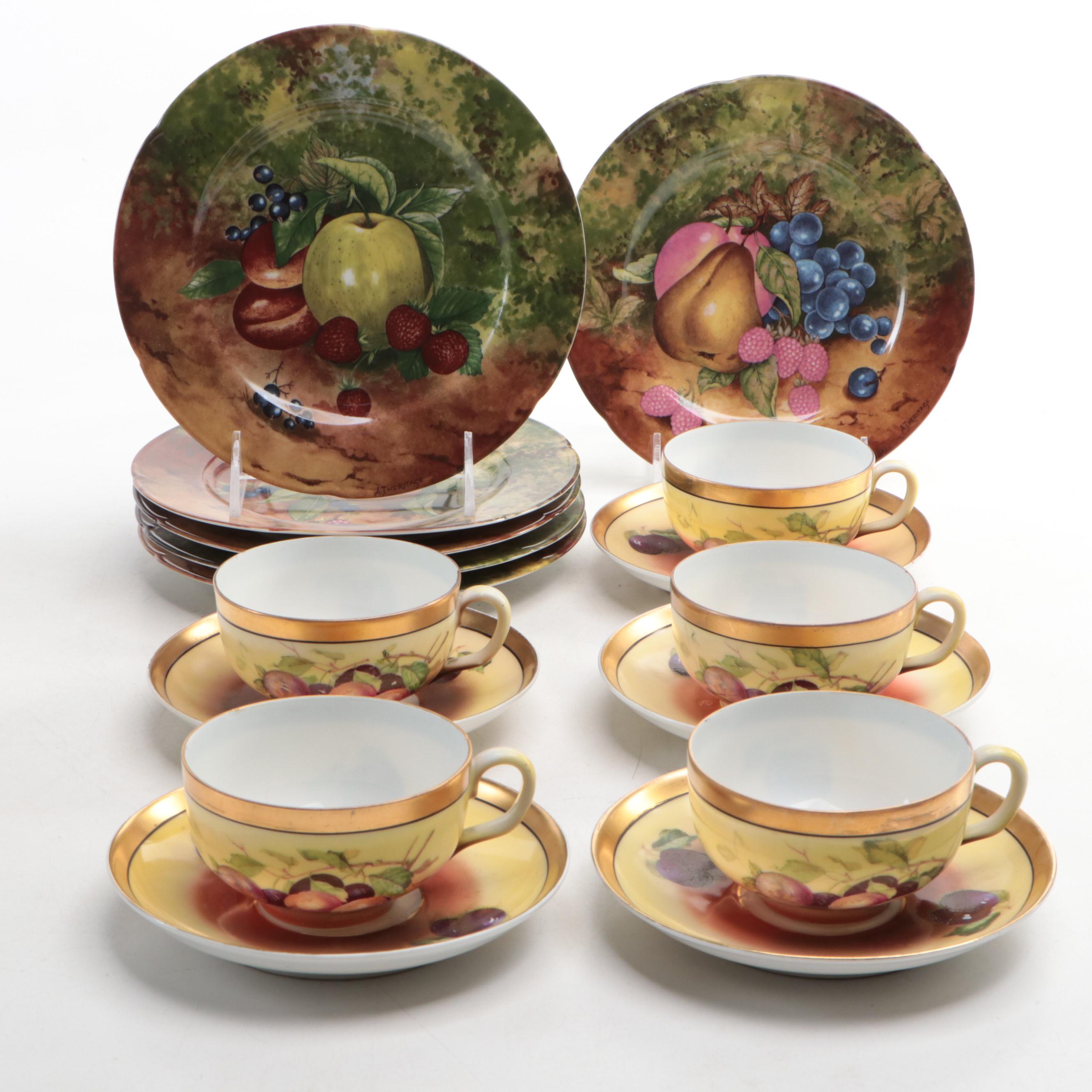 Hand-Painted German Porcelain Teacups & Saucers with Limoges Plates