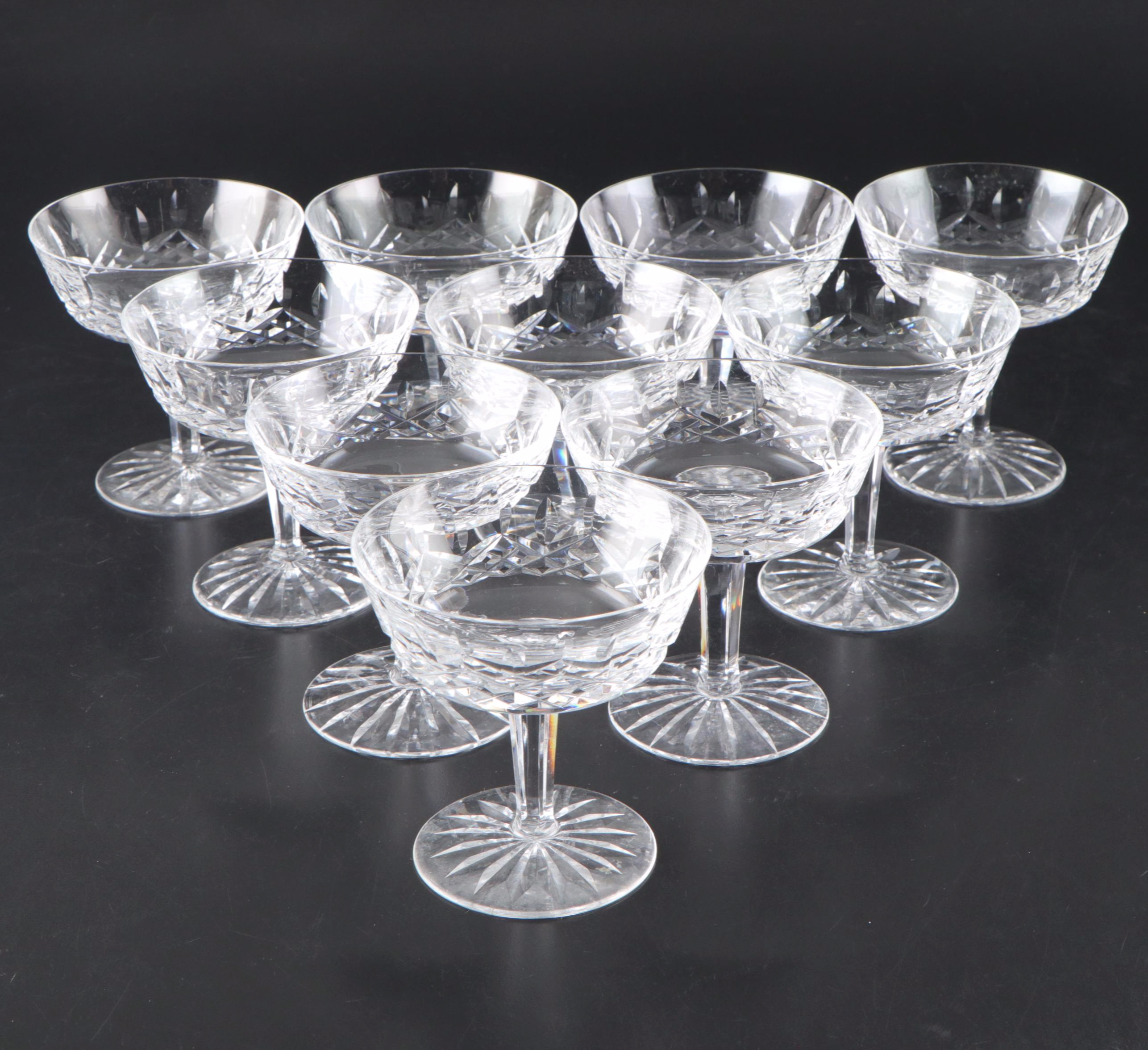 Waterford "Lismore" Crystal Champagne Coupe Glasses with Etched Glass Dishes