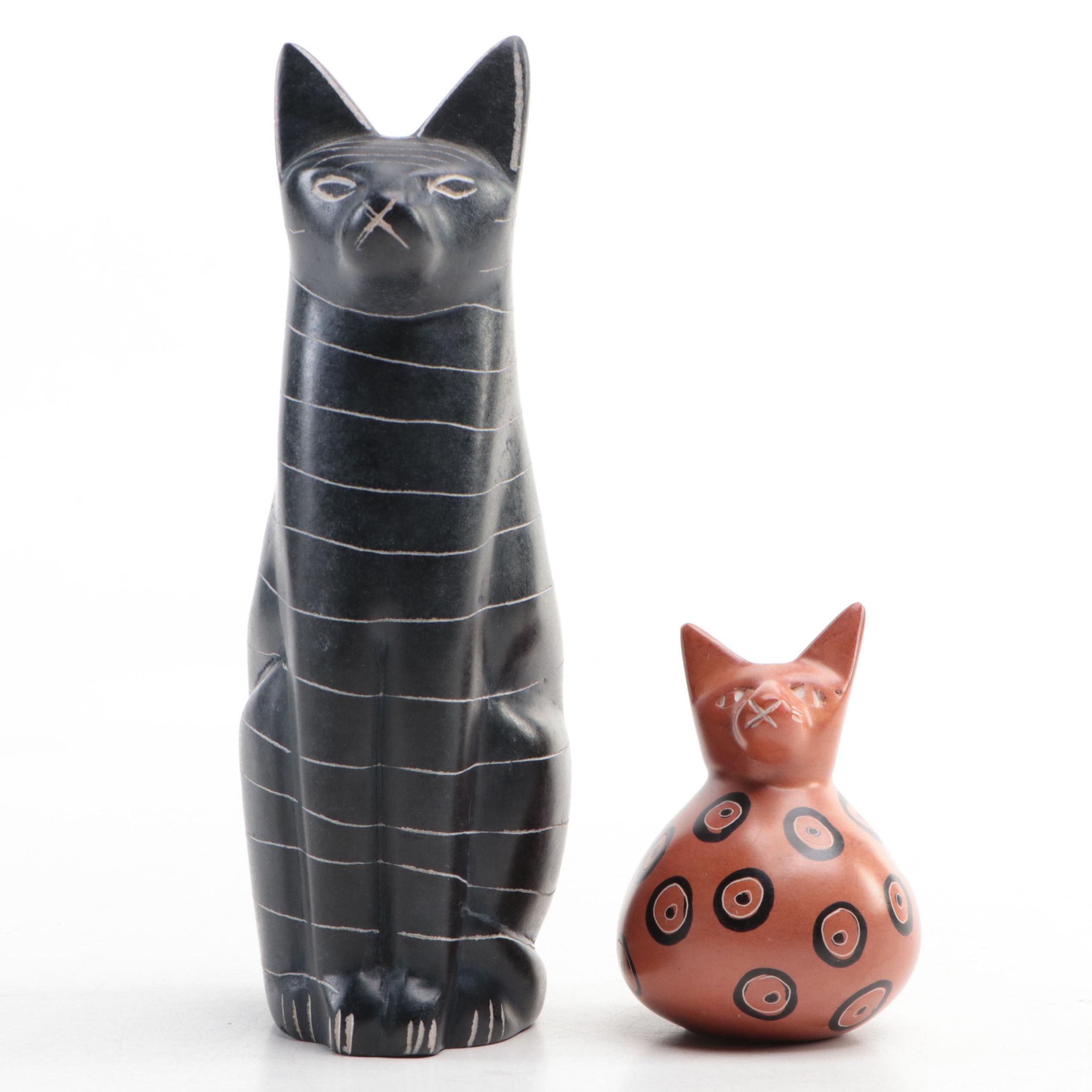 Kenyan-Made Ceramic Cat Figurine with Carved Stone Cat Figurine