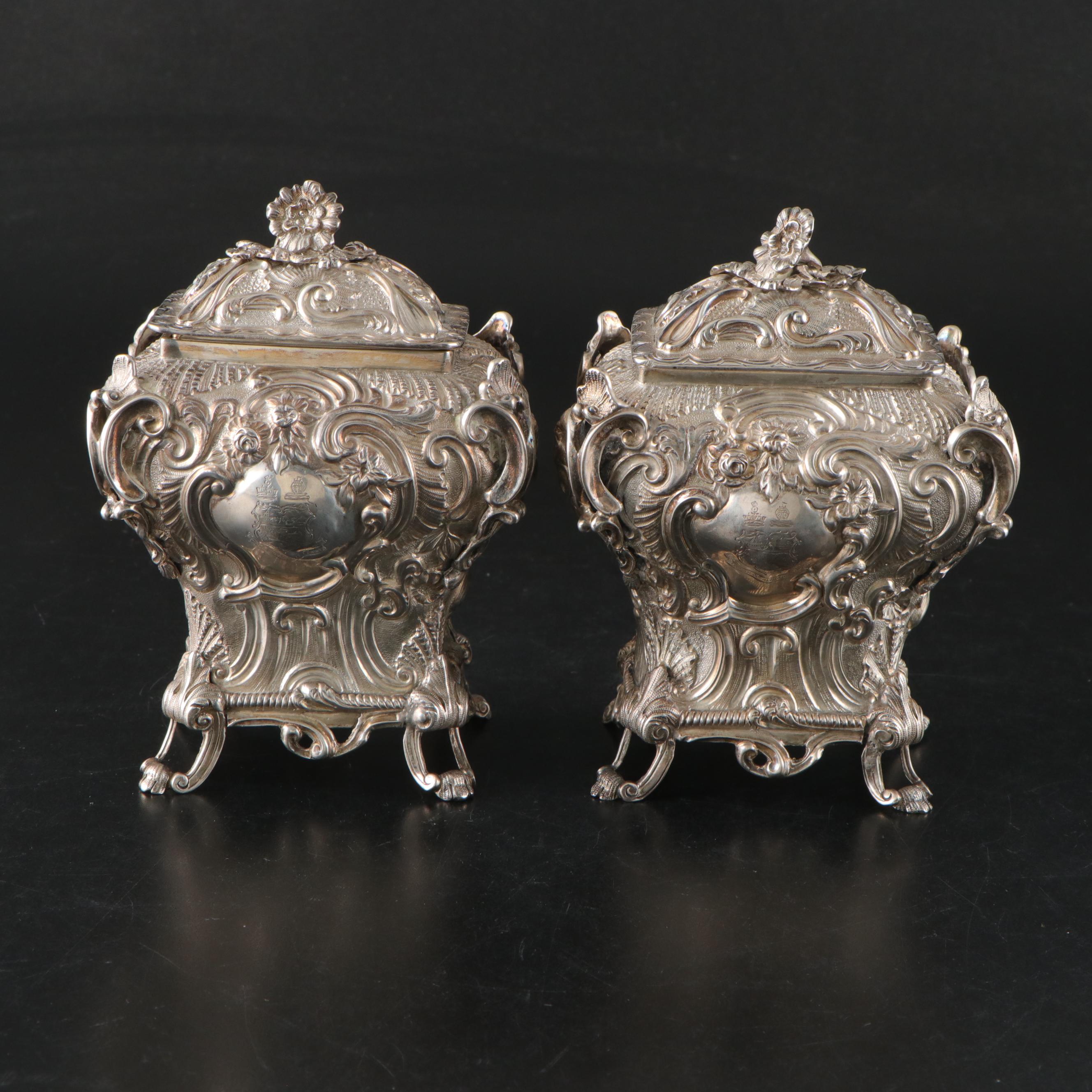 Georgian Chinoiserie Repoussé Sterling Tea Caddies with Lord Nelson Crest, 1829