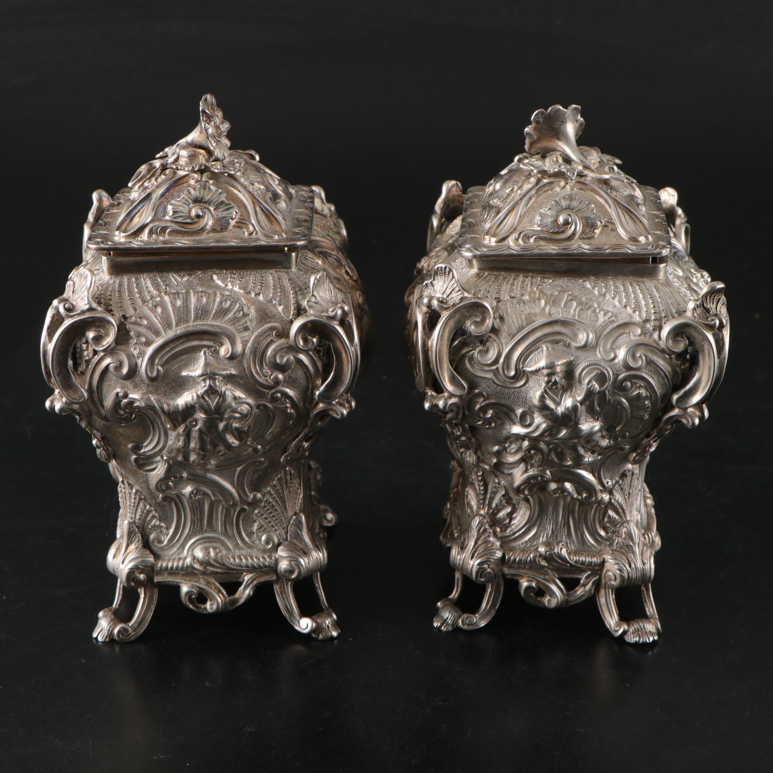 Georgian Chinoiserie Repoussé Sterling Tea Caddies with Lord Nelson Crest, 1829