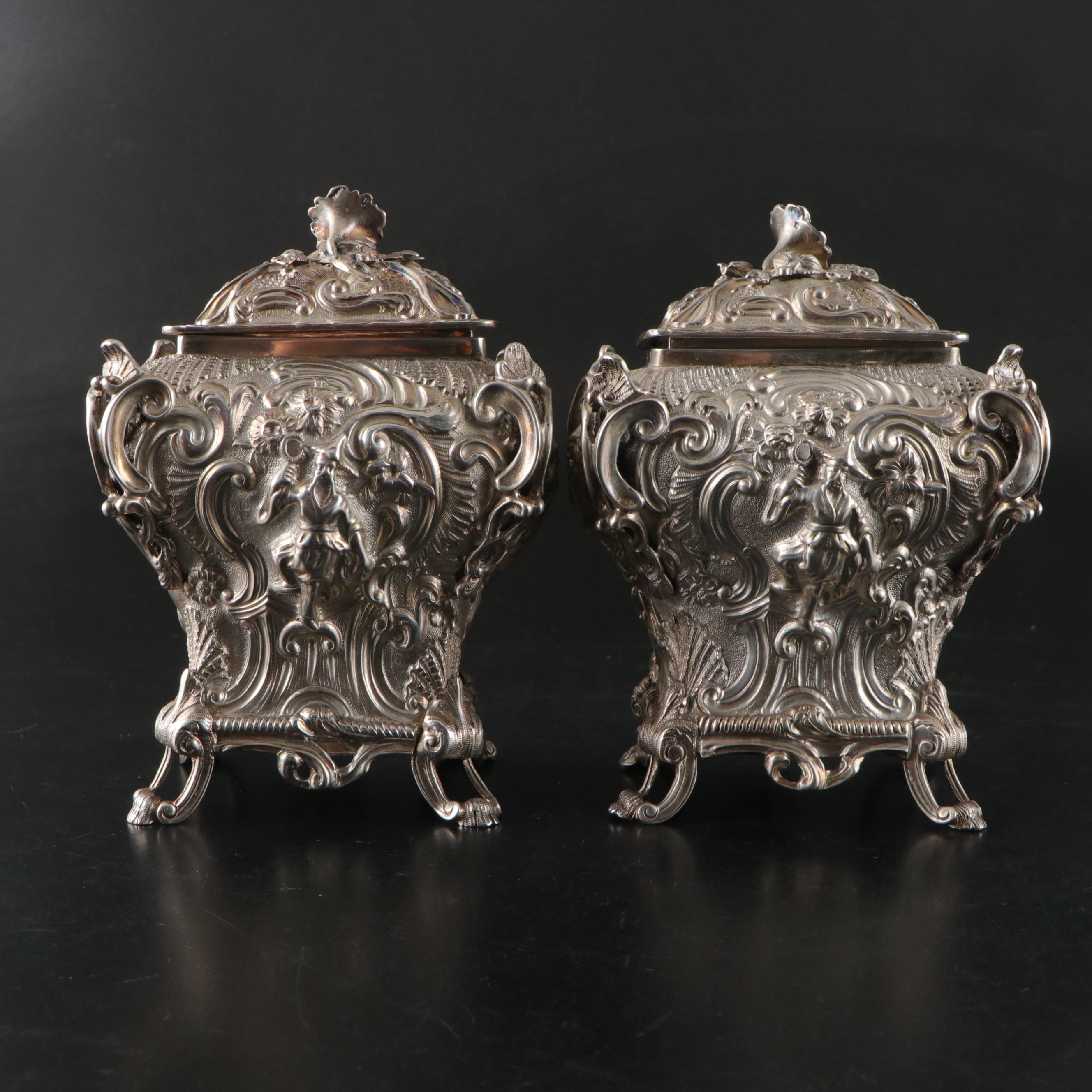Georgian Chinoiserie Repoussé Sterling Tea Caddies with Lord Nelson Crest, 1829