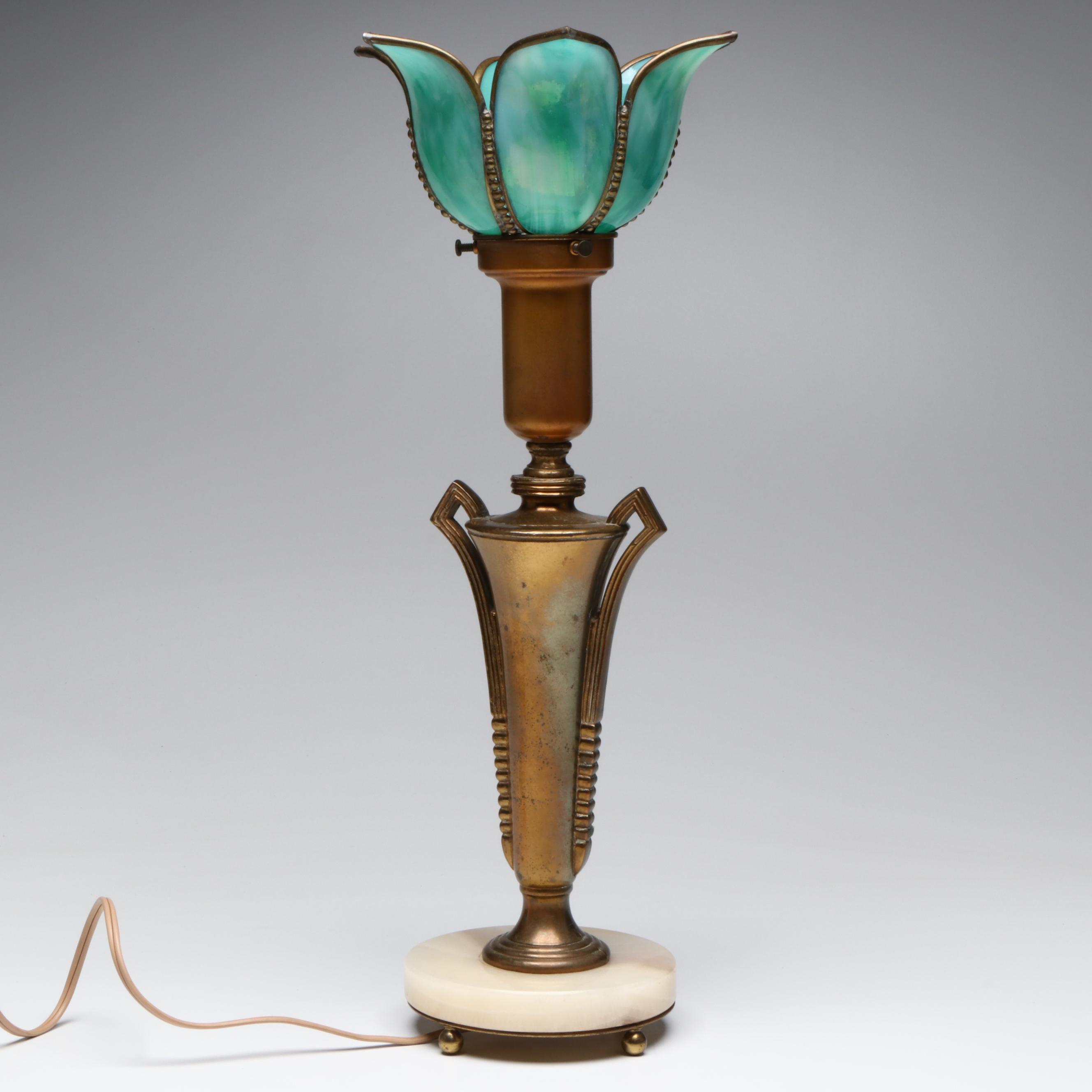 Spelter and Marble with Slag Glass Tulip Torchère Table Lamp, Early 20th C.