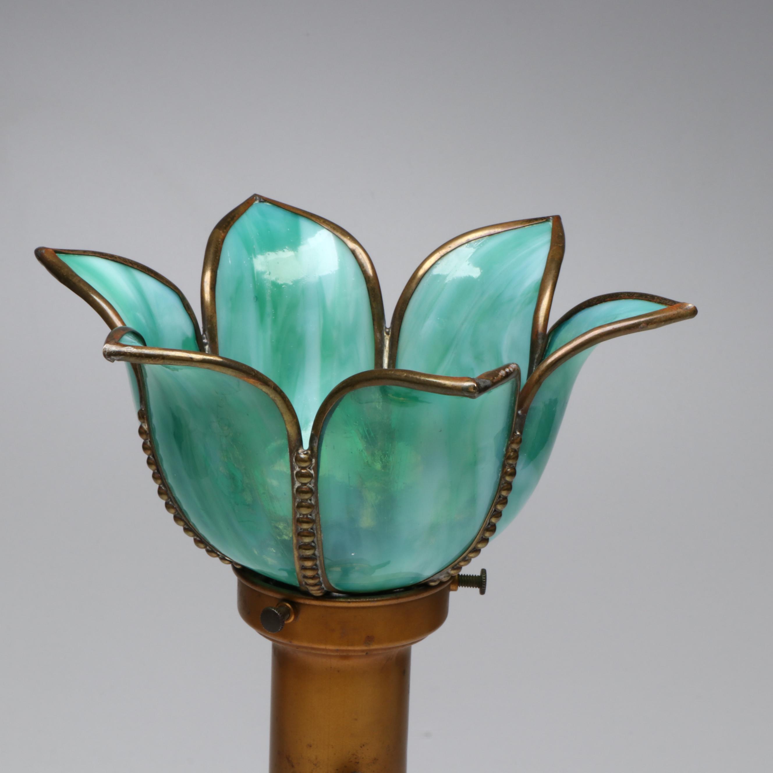 Spelter and Marble with Slag Glass Tulip Torchère Table Lamp, Early 20th C.