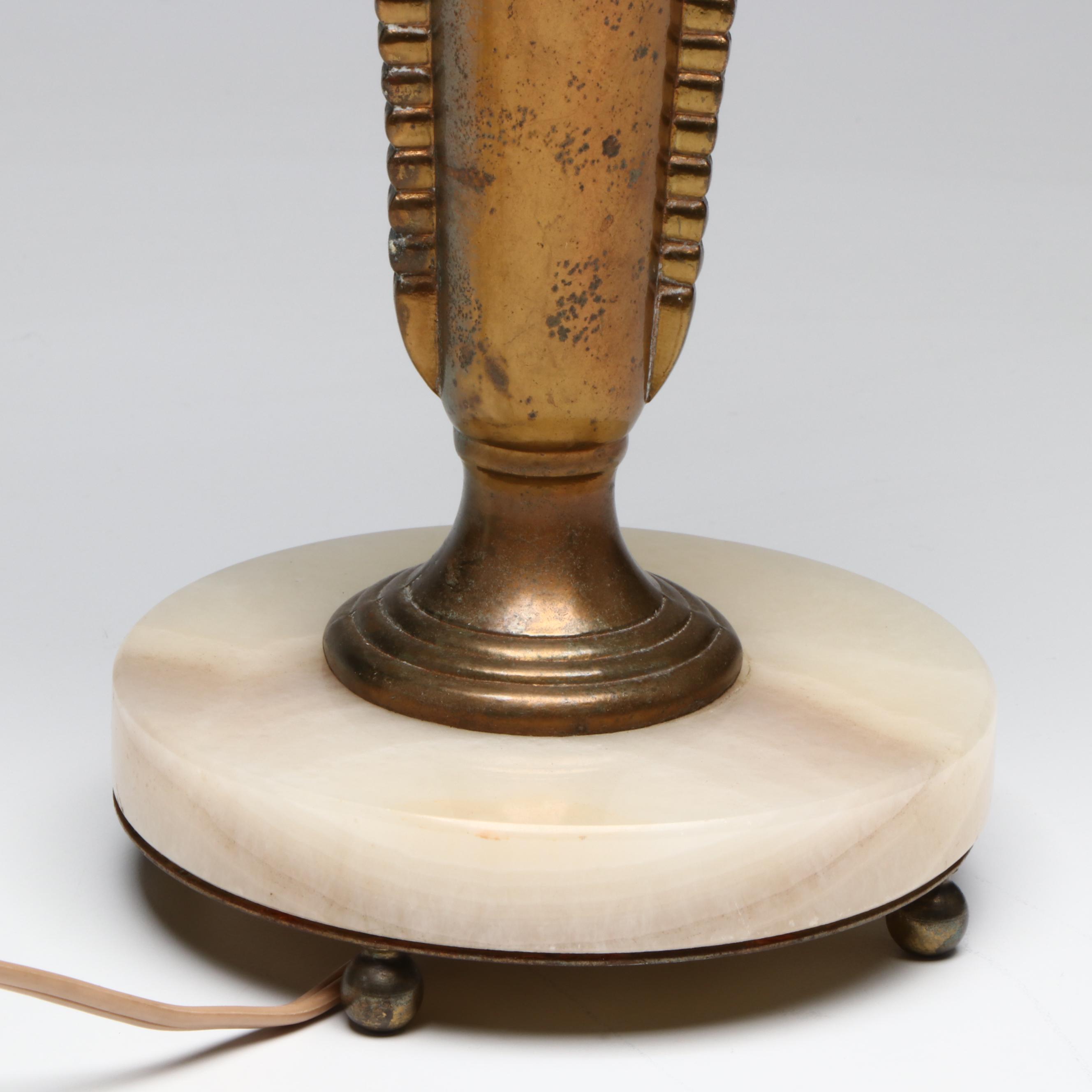 Spelter and Marble with Slag Glass Tulip Torchère Table Lamp, Early 20th C.