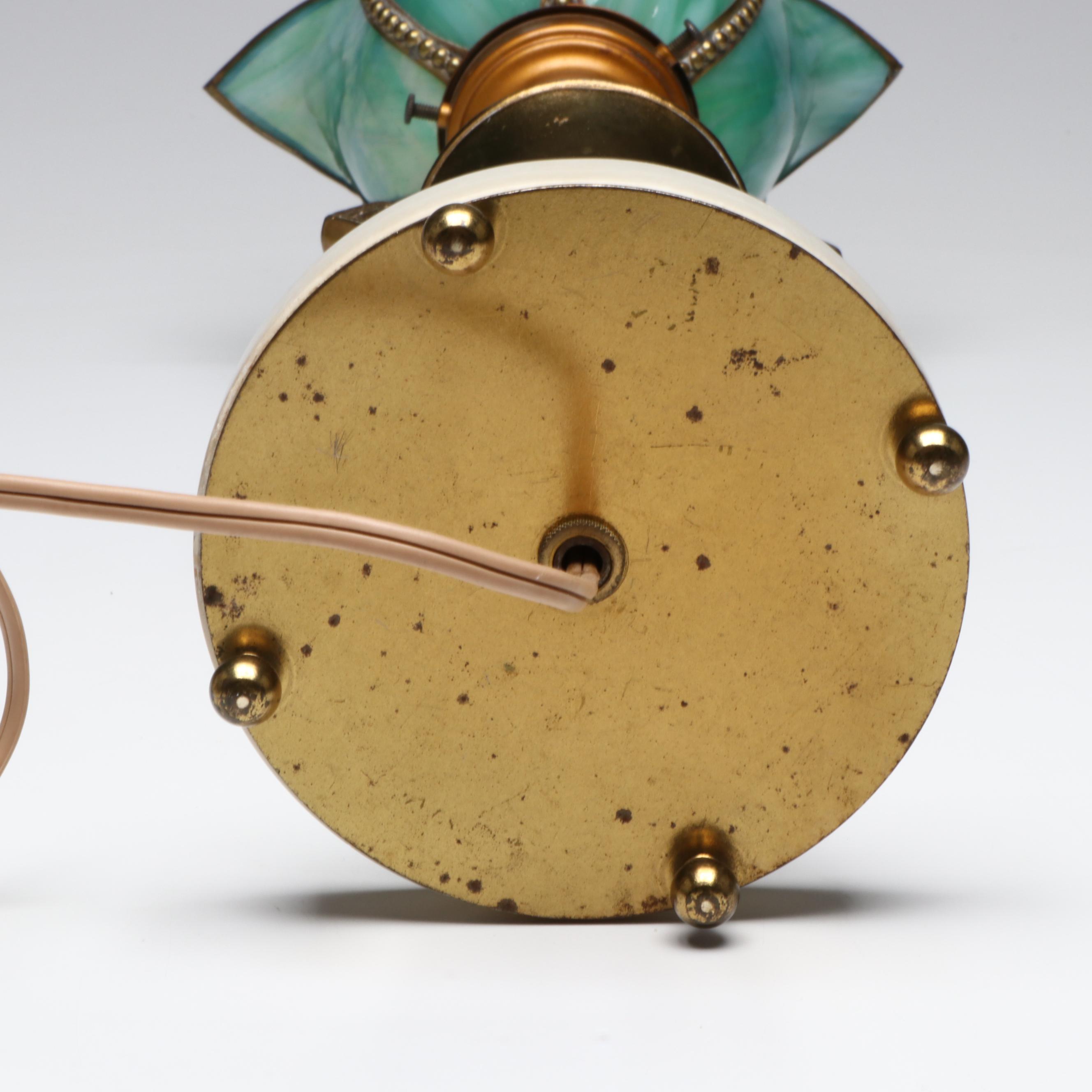 Spelter and Marble with Slag Glass Tulip Torchère Table Lamp, Early 20th C.