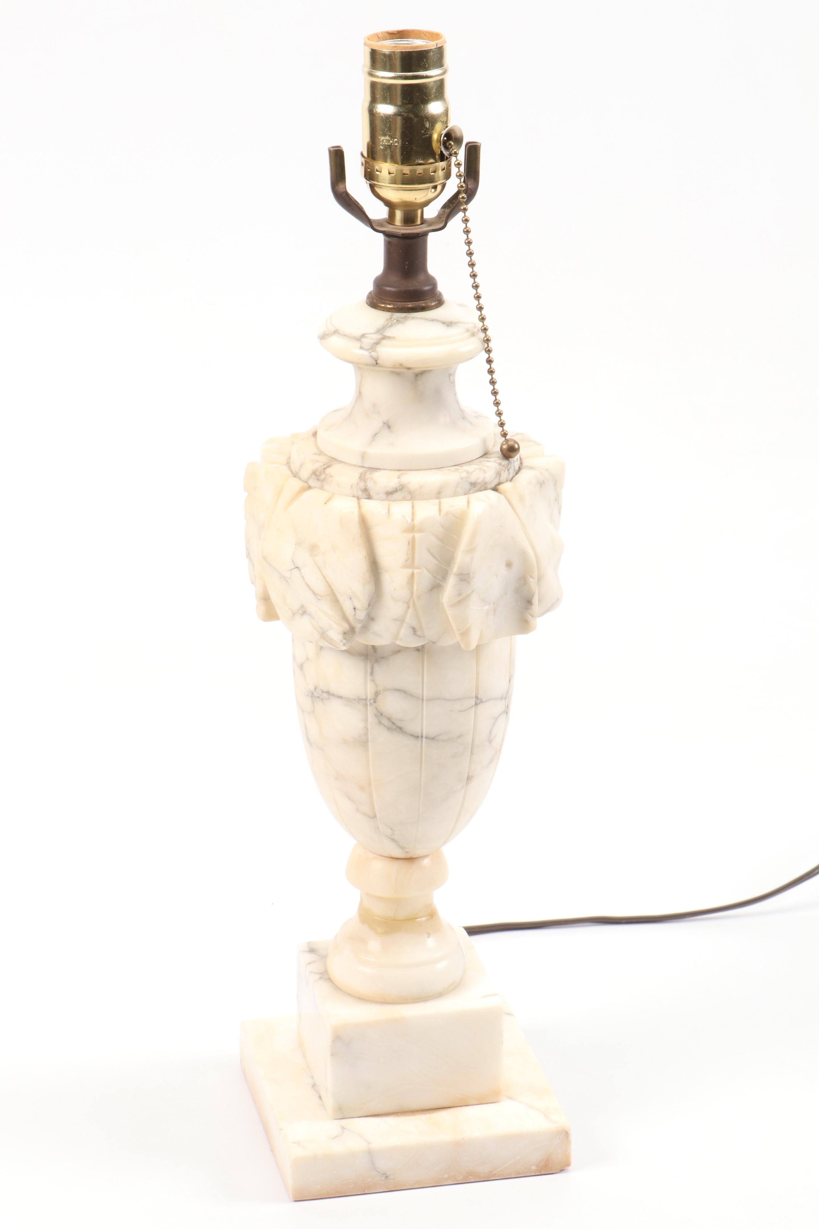Neoclassical Style Carved Alabaster Table Lamp with Lacquered Shade