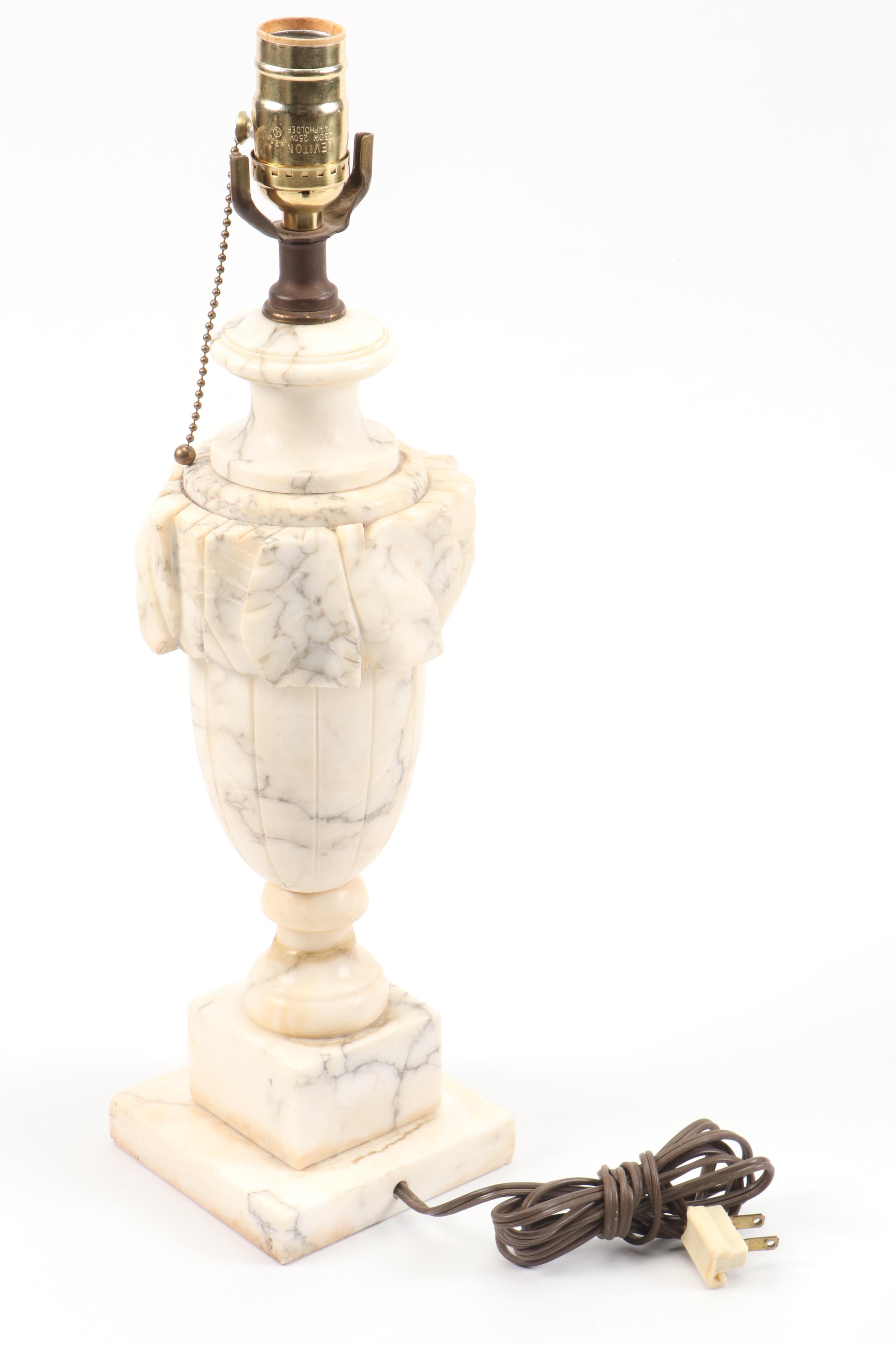 Neoclassical Style Carved Alabaster Table Lamp with Lacquered Shade