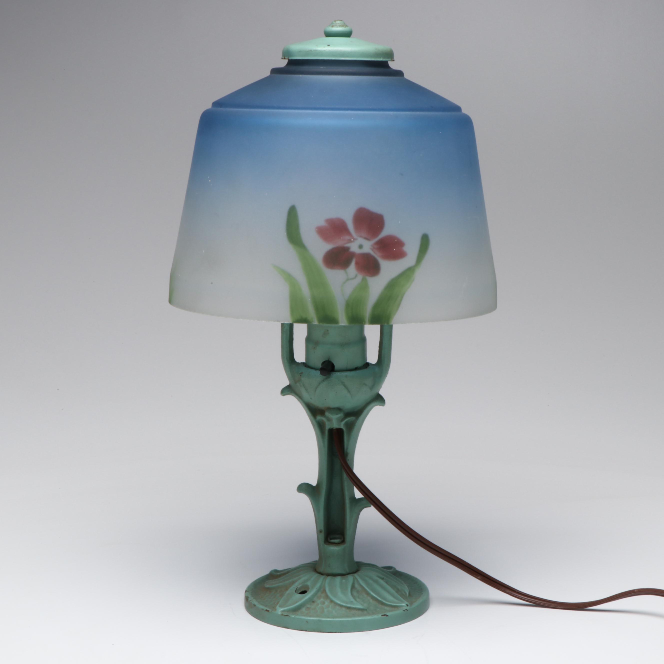 Cold-Painted Metal Boudoir Lamp with Reverse-Painted Satin Glass Shade