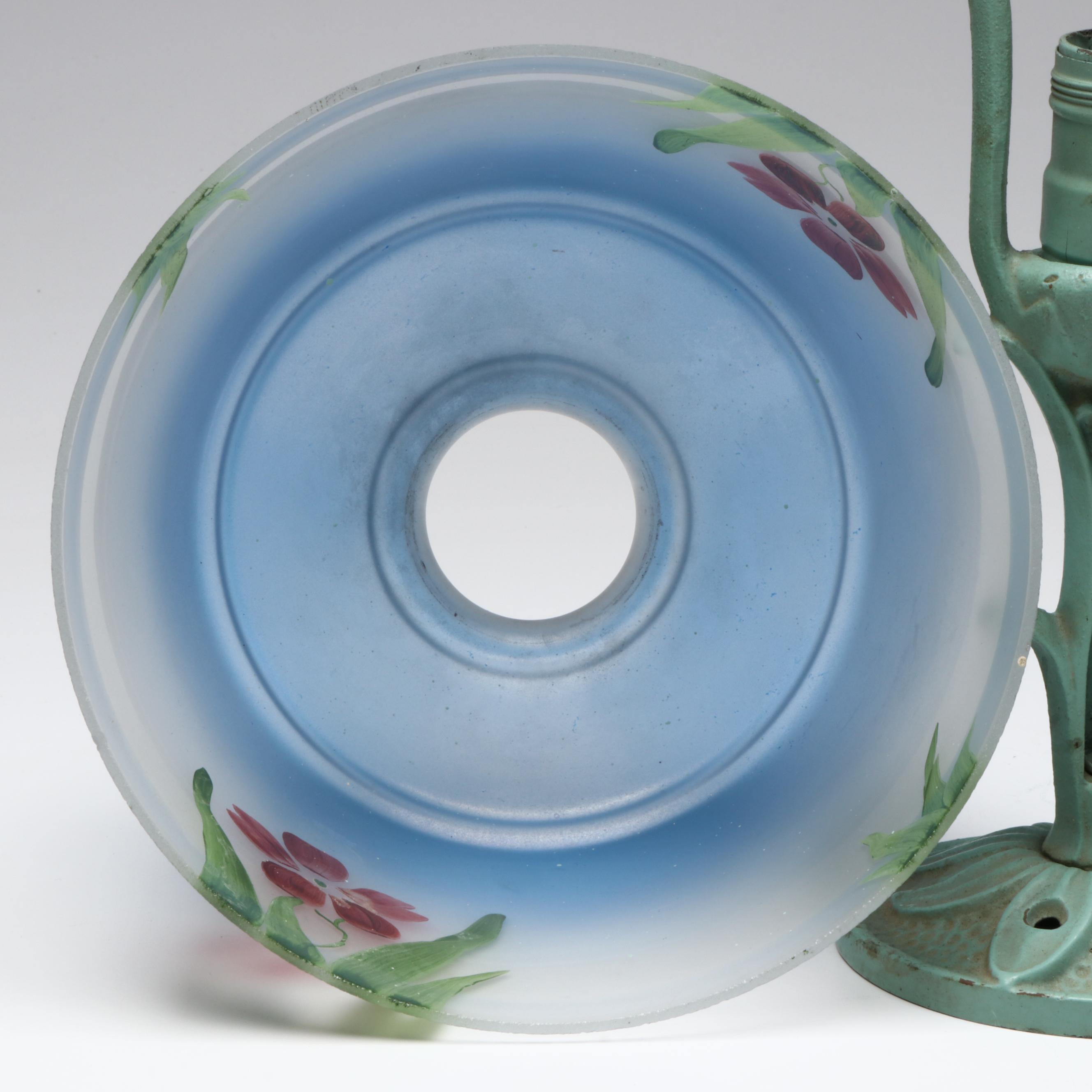 Cold-Painted Metal Boudoir Lamp with Reverse-Painted Satin Glass Shade