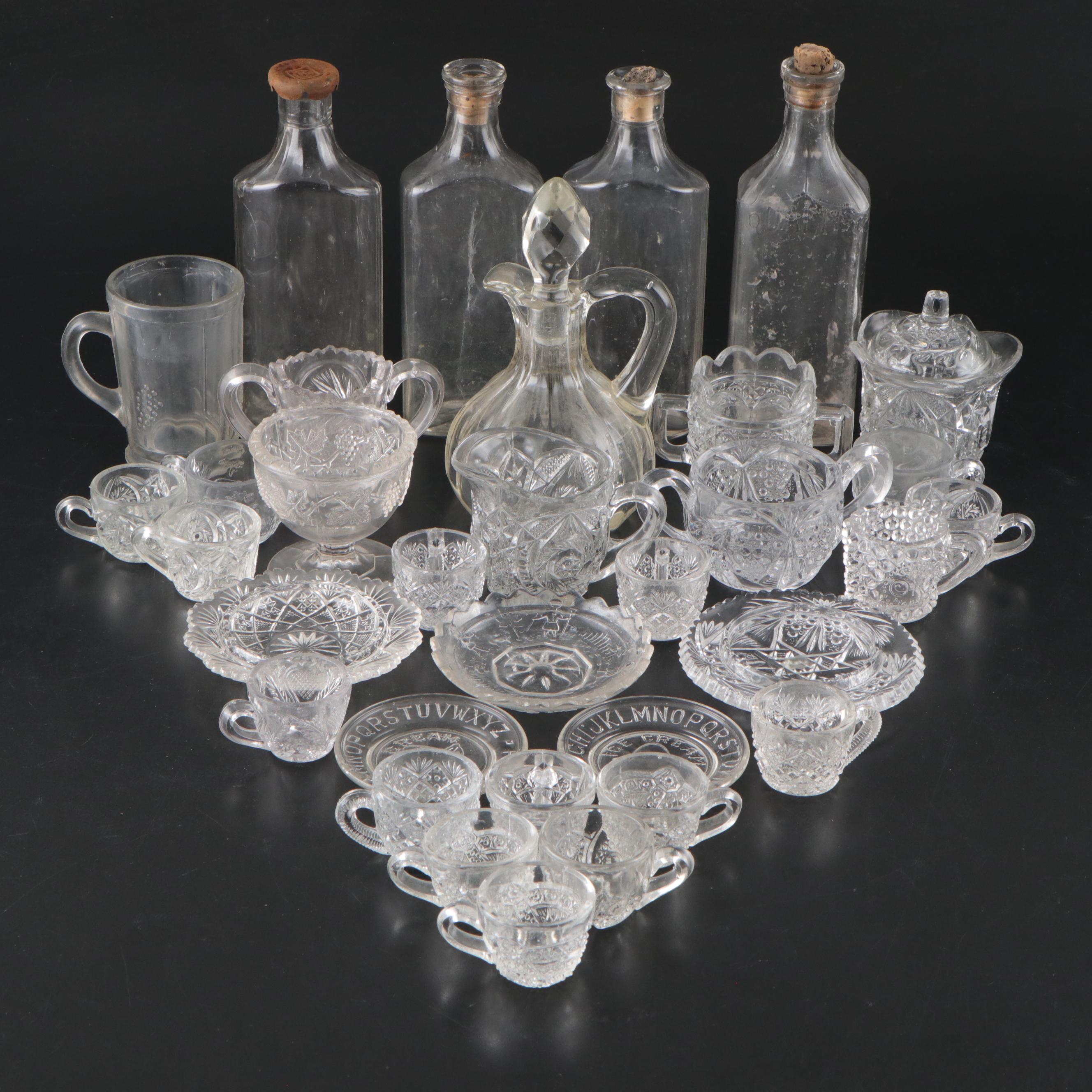 US Glass "Buzz Star Clear" Glass Child's Sugar and Creamer with Bottles and More