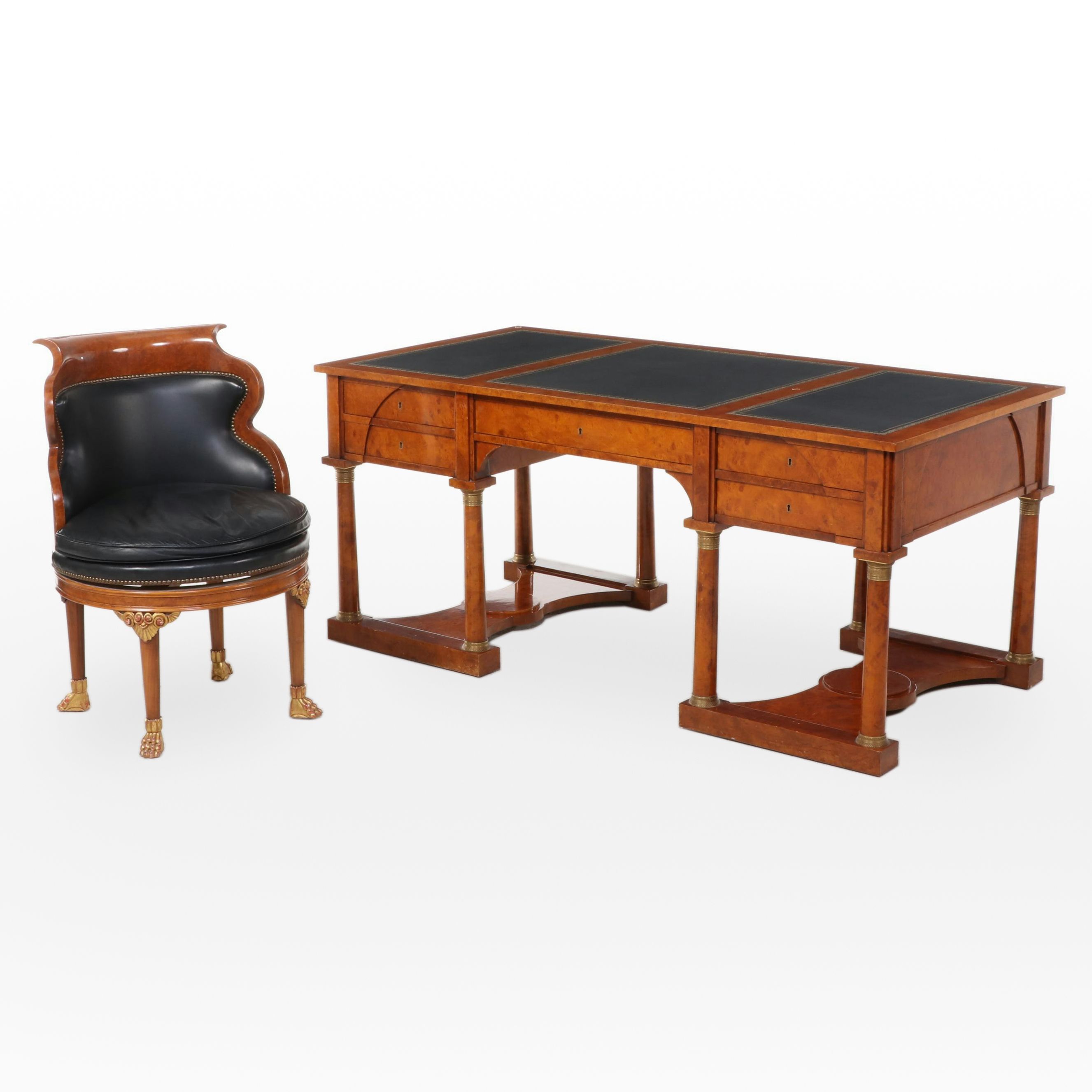 Large Marcello Mioni Empire Style Burlwood Bureau Plat Desk & Fauteuil de Bureau