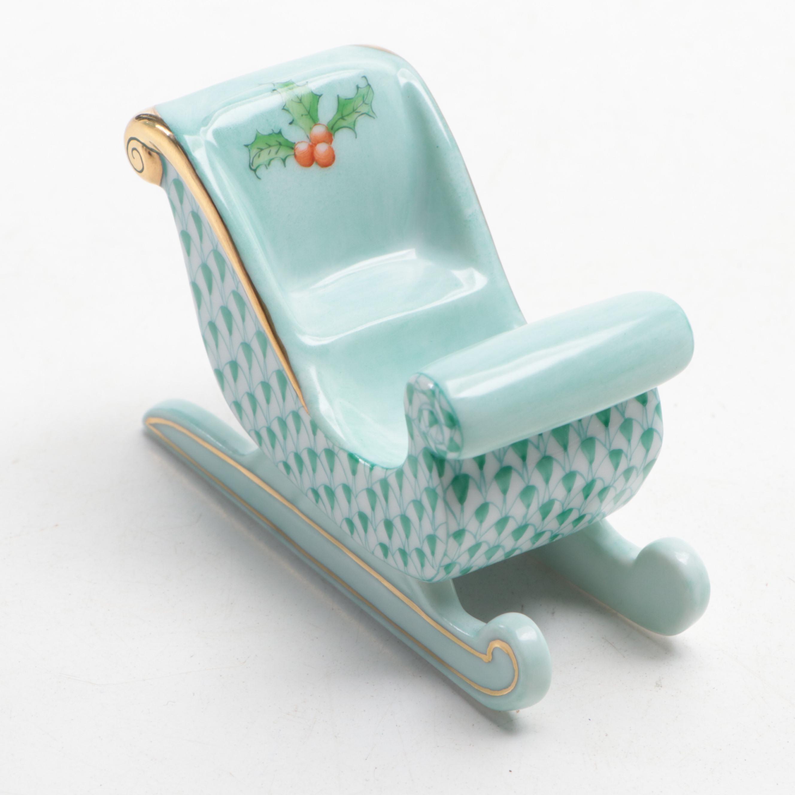 Herend Green Fishnet with Gold "Sleigh" Porcelain Figurine