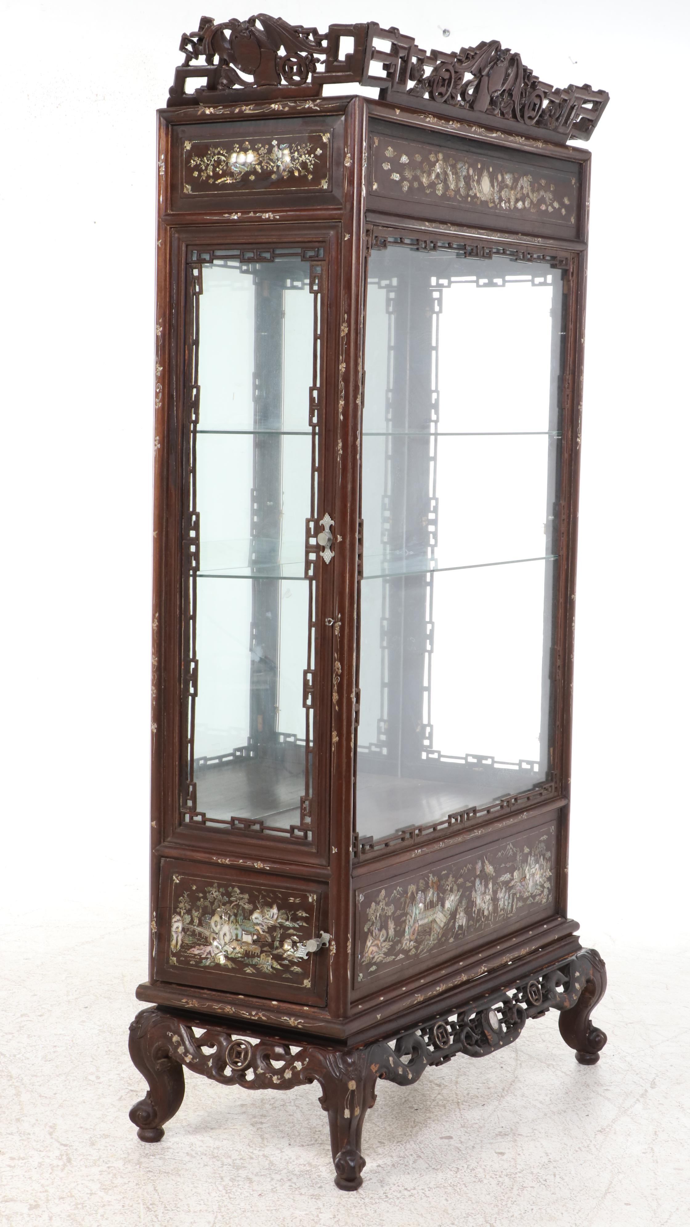 Chinese Carved Rosewood Display Cabinet with Mother-of-Pearl and Abalone Inlay