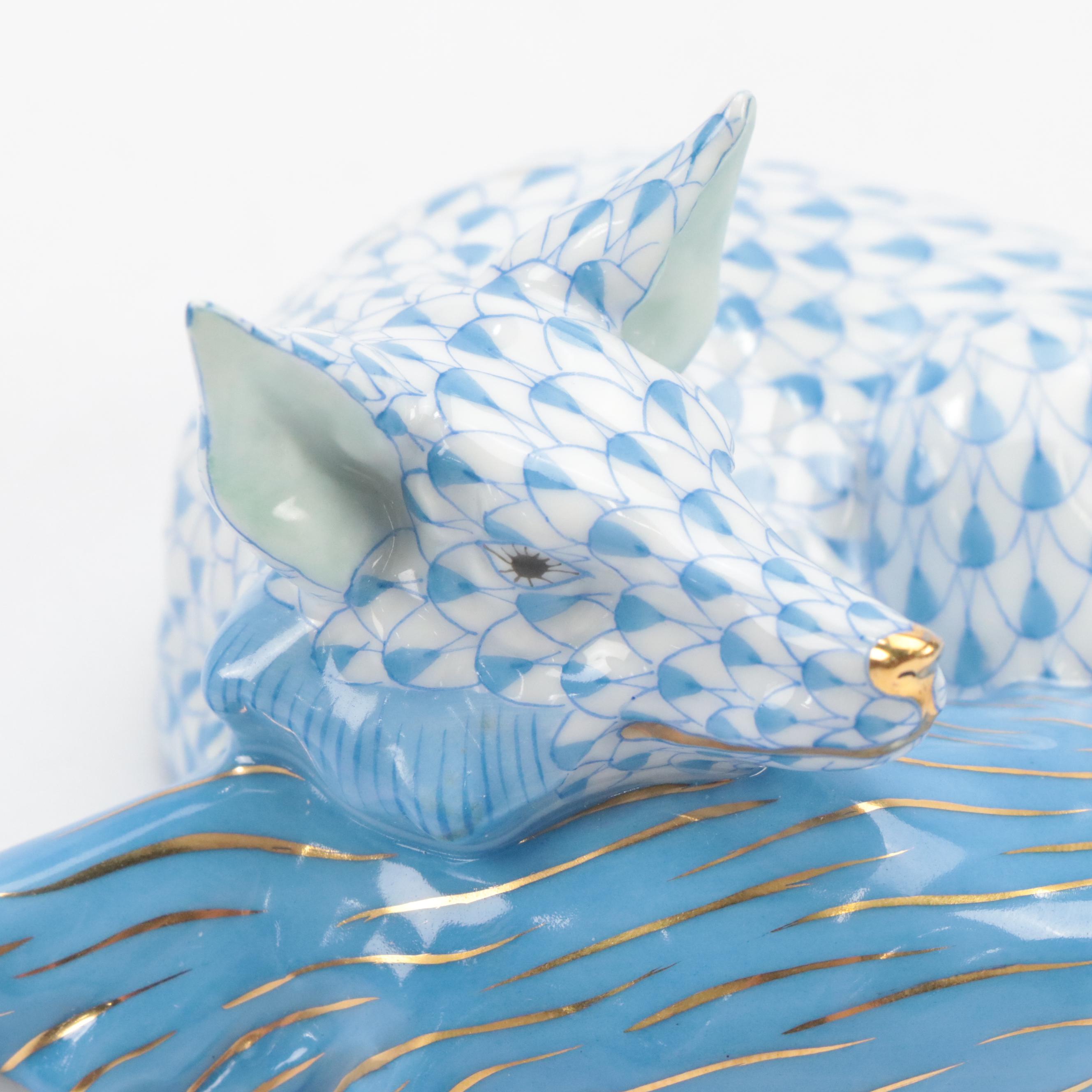 Herend Blue Fishnet with Gold "Sleeping Fox" Porcelain Figurine