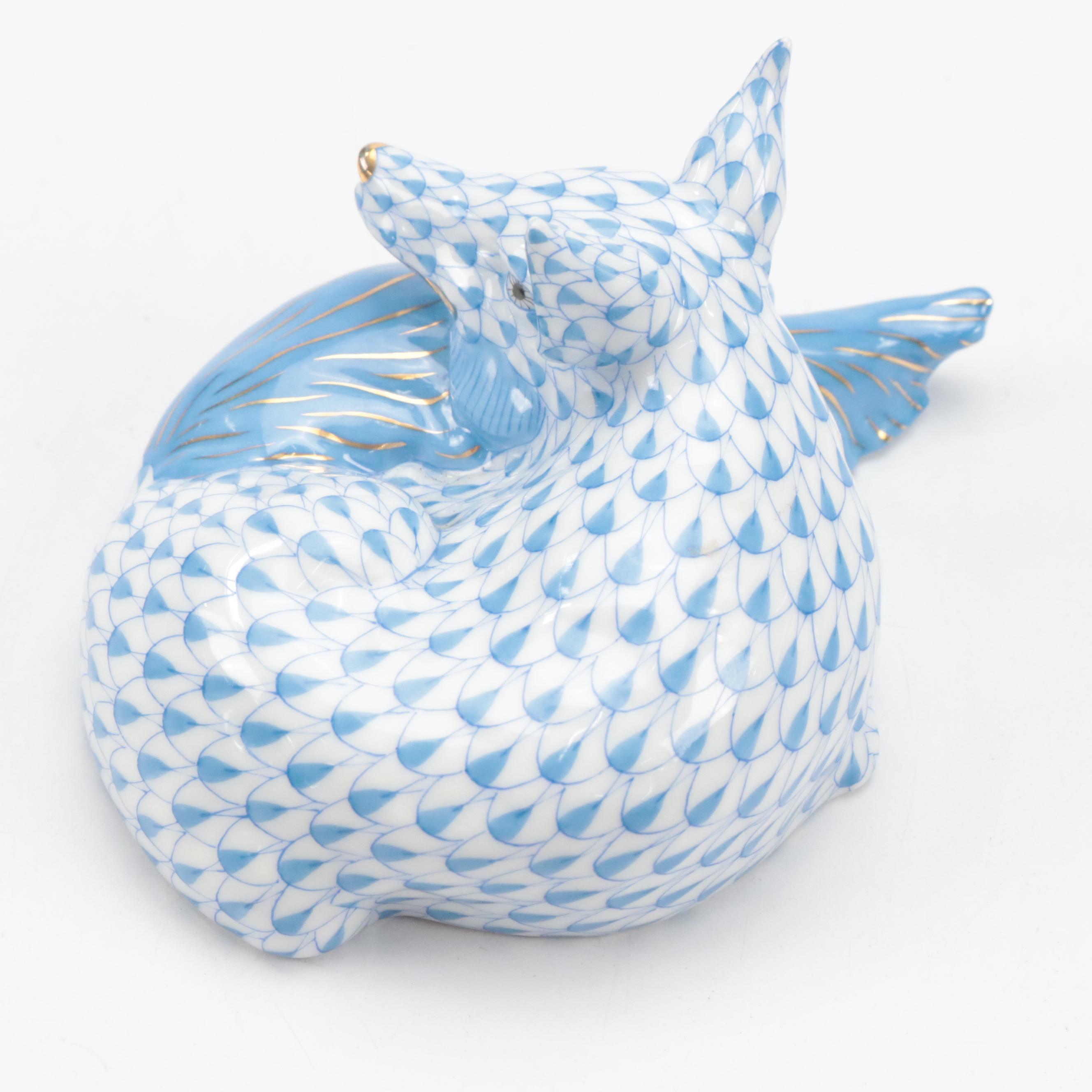 Herend Blue Fishnet with Gold "Sleeping Fox" Porcelain Figurine