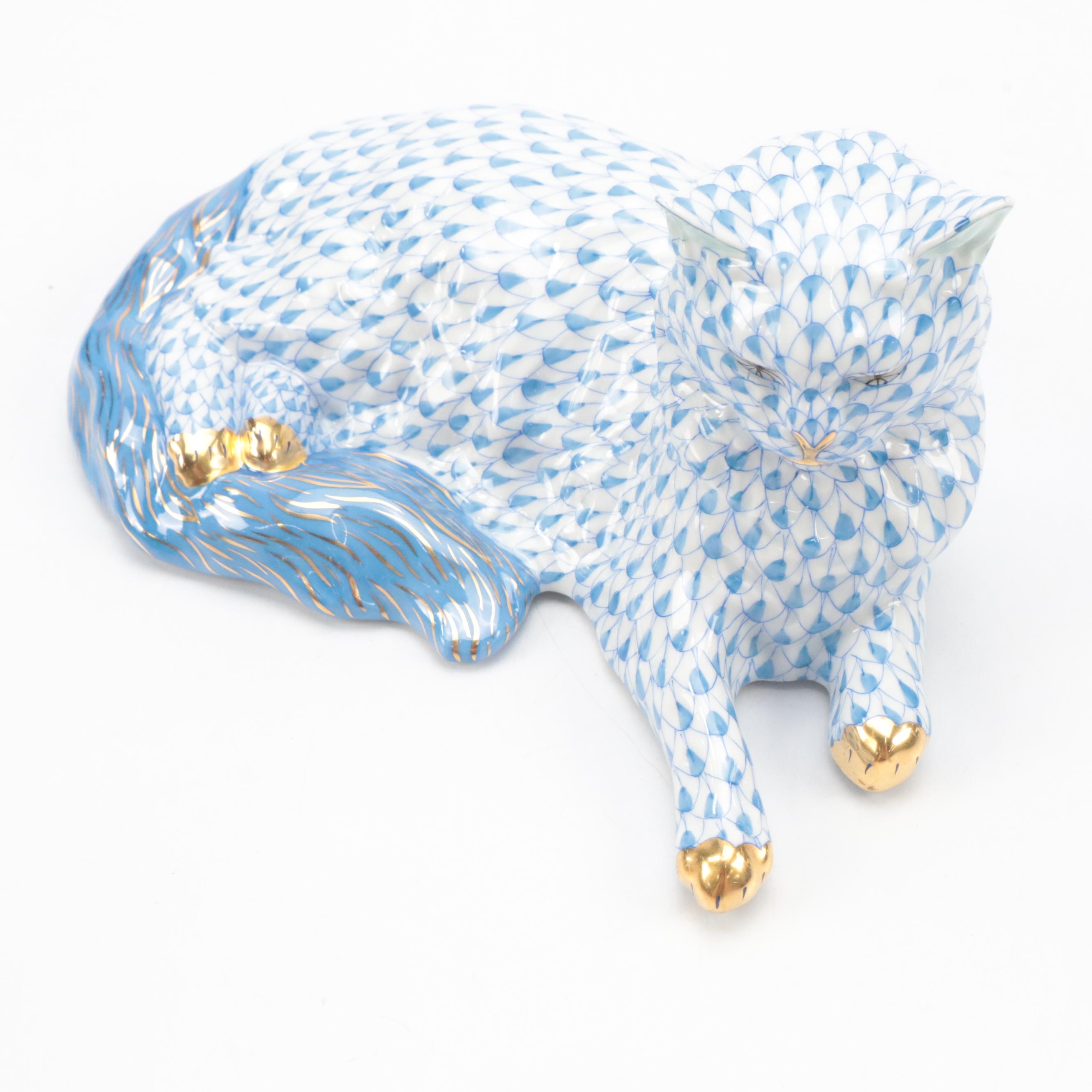Herend Blue Fishnet with Gold "Lying Cat" Porcelain Figurine, September 1997