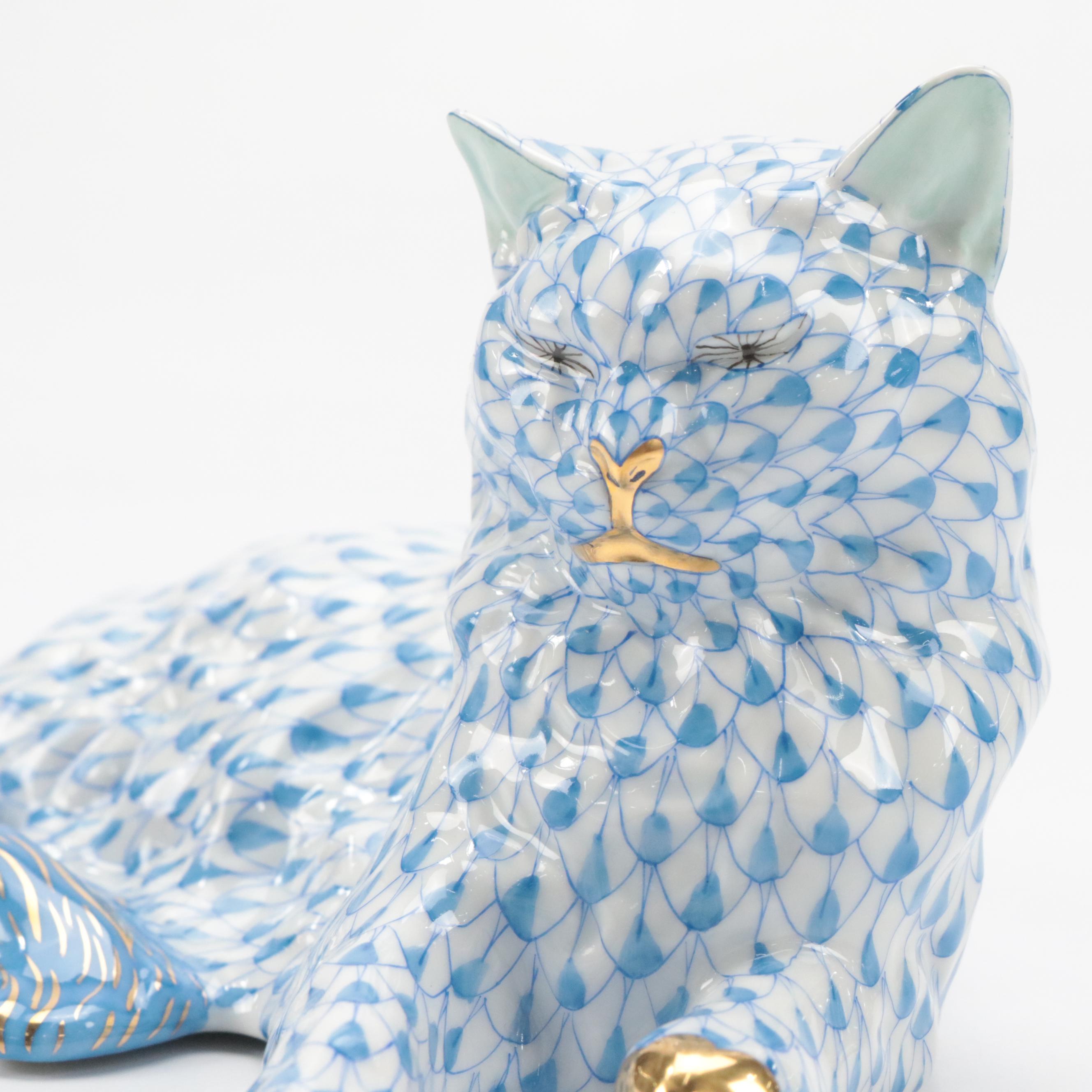 Herend Blue Fishnet with Gold "Lying Cat" Porcelain Figurine, September 1997