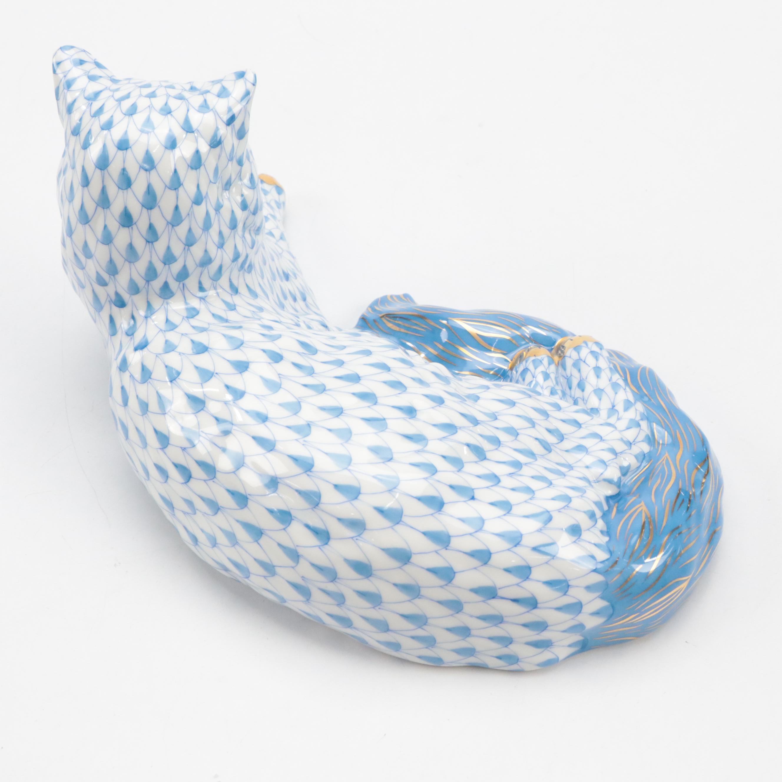 Herend Blue Fishnet with Gold "Lying Cat" Porcelain Figurine, September 1997