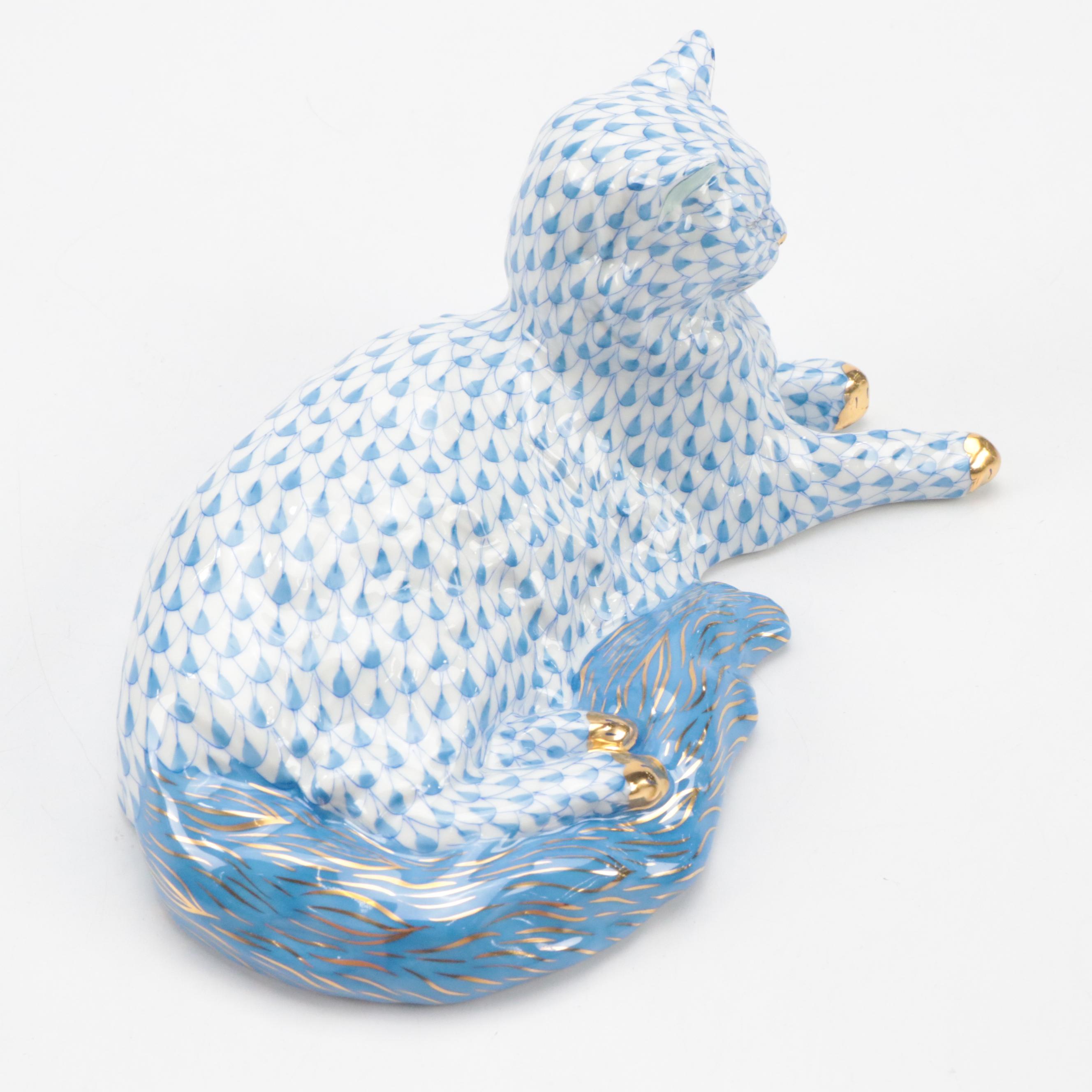 Herend Blue Fishnet with Gold "Lying Cat" Porcelain Figurine, September 1997