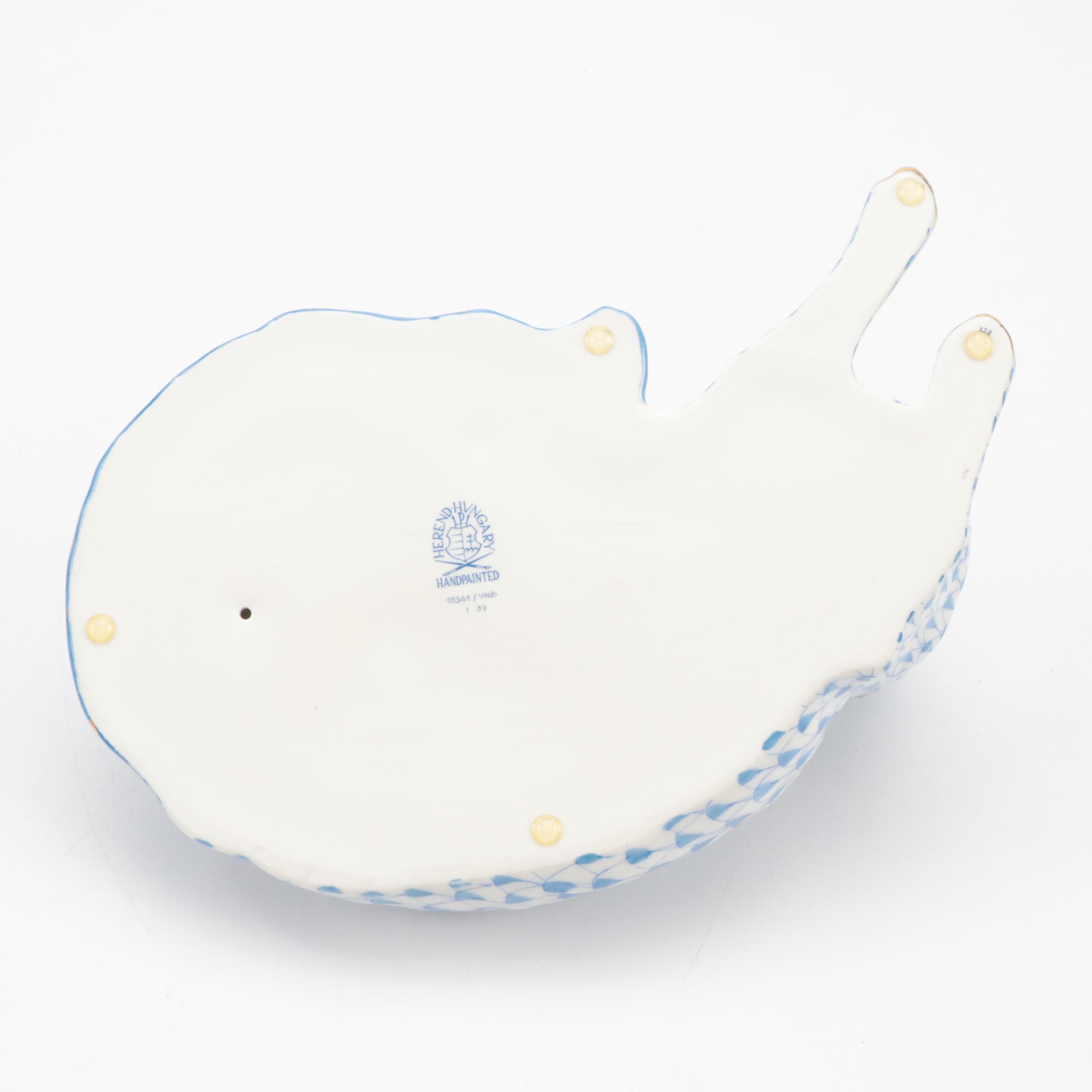 Herend Blue Fishnet with Gold "Lying Cat" Porcelain Figurine, September 1997