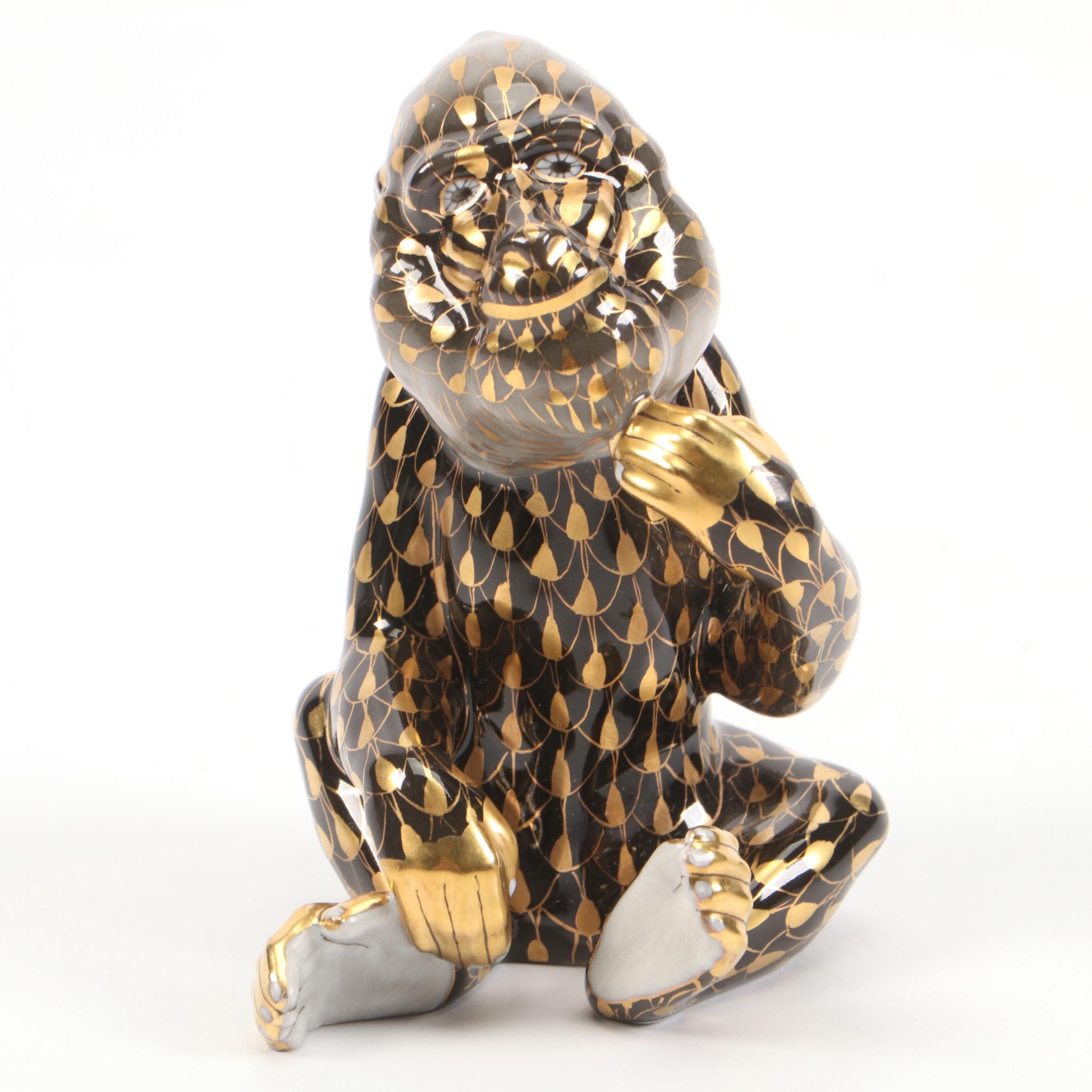 Herend Gold Fishnet on Natural "Baboon" Porcelain Figurine