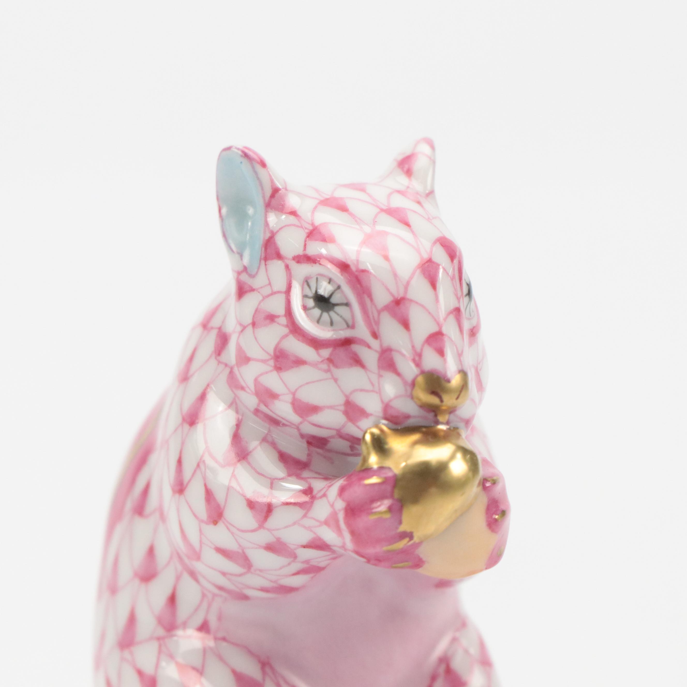 Herend Raspberry Fishnet with Gold "Chipmunk with Acorn" Porcelain Figurine
