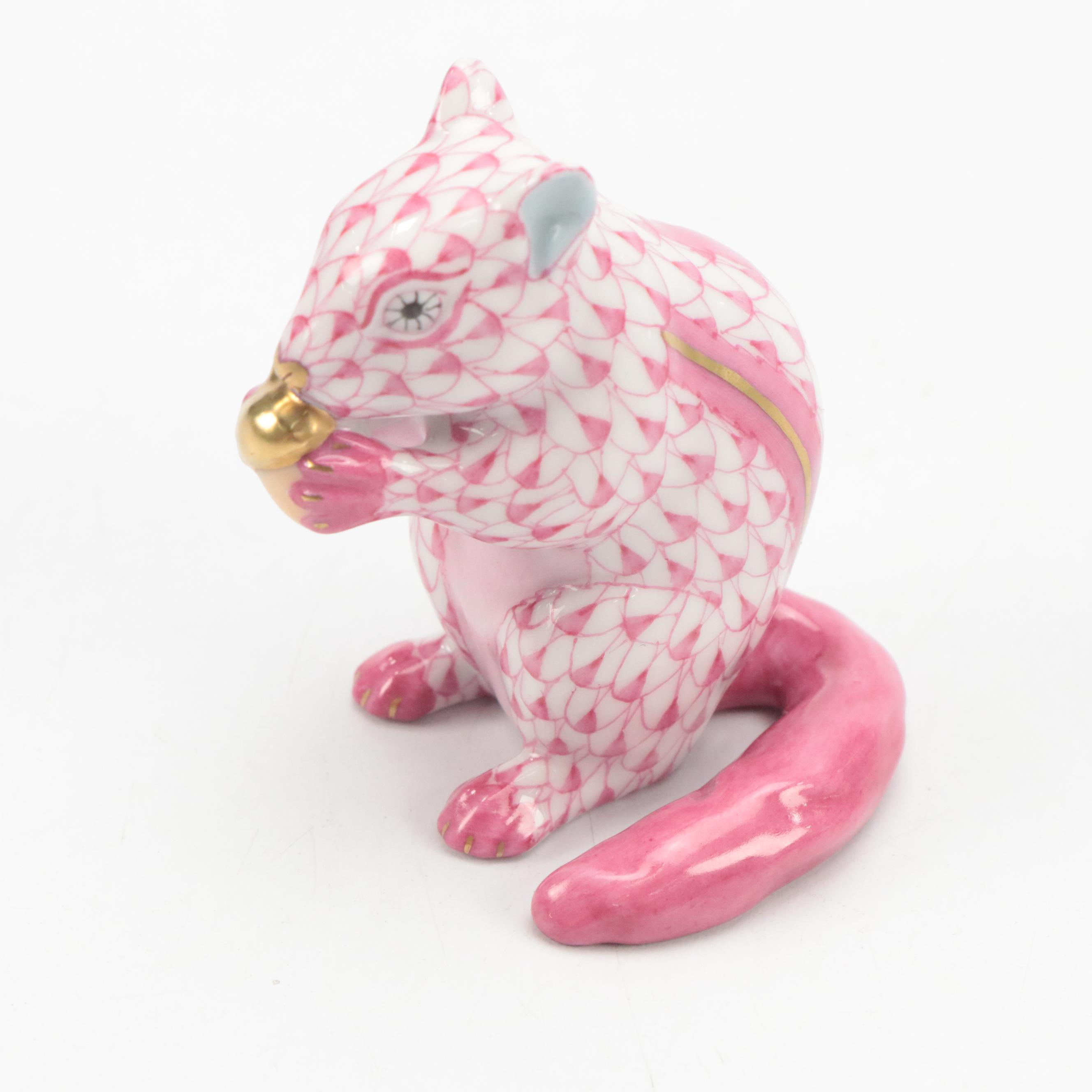 Herend Raspberry Fishnet with Gold "Chipmunk with Acorn" Porcelain Figurine