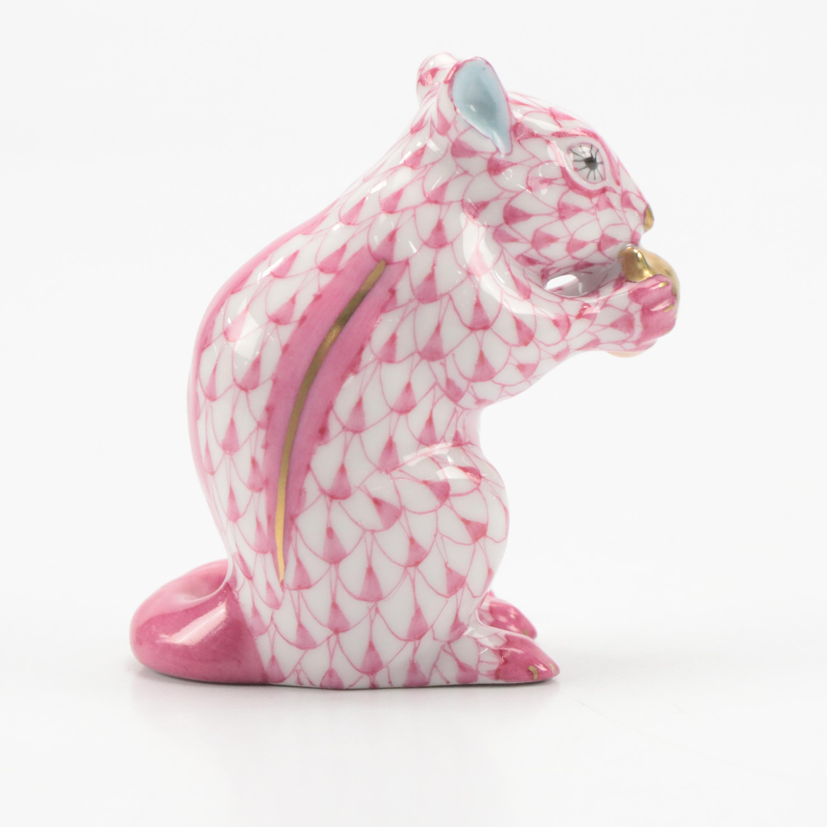 Herend Raspberry Fishnet with Gold "Chipmunk with Acorn" Porcelain Figurine