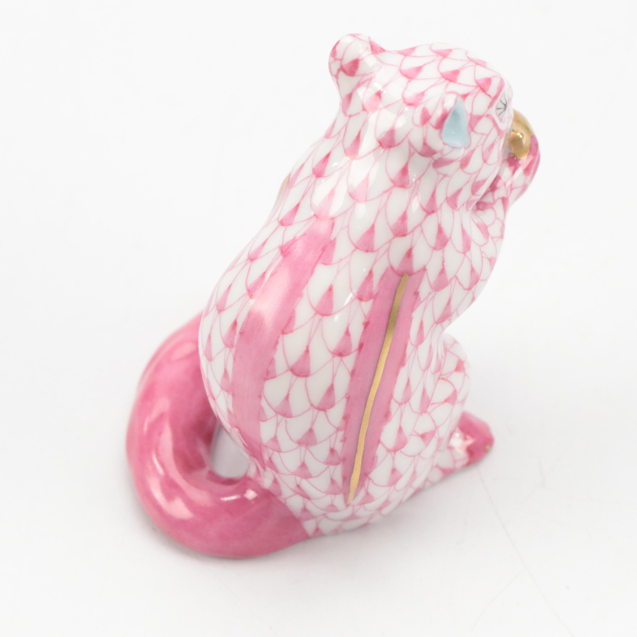 Herend Raspberry Fishnet with Gold "Chipmunk with Acorn" Porcelain Figurine