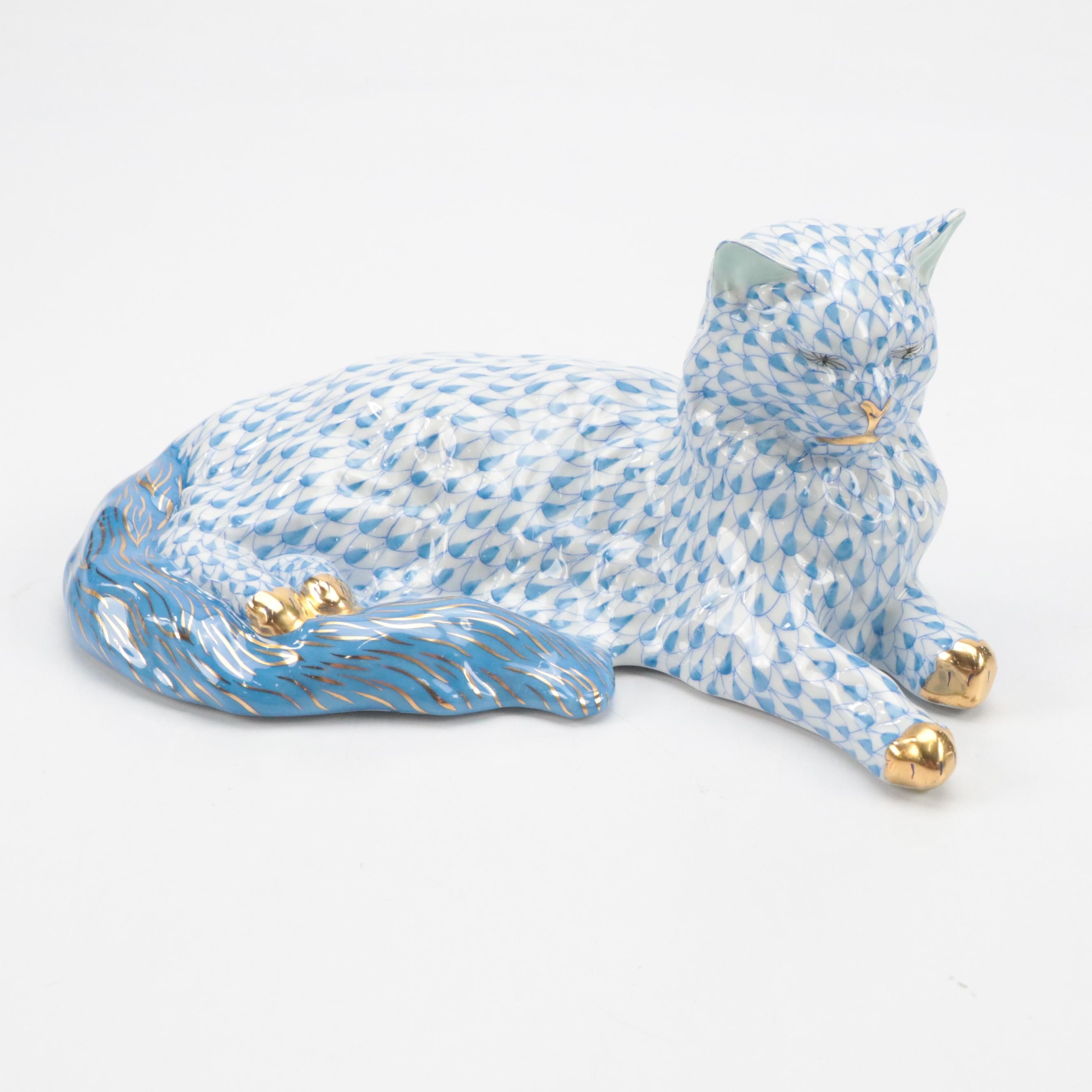 Herend Blue Fishnet with Gold "Lying Cat" Porcelain Figurine, September 1997