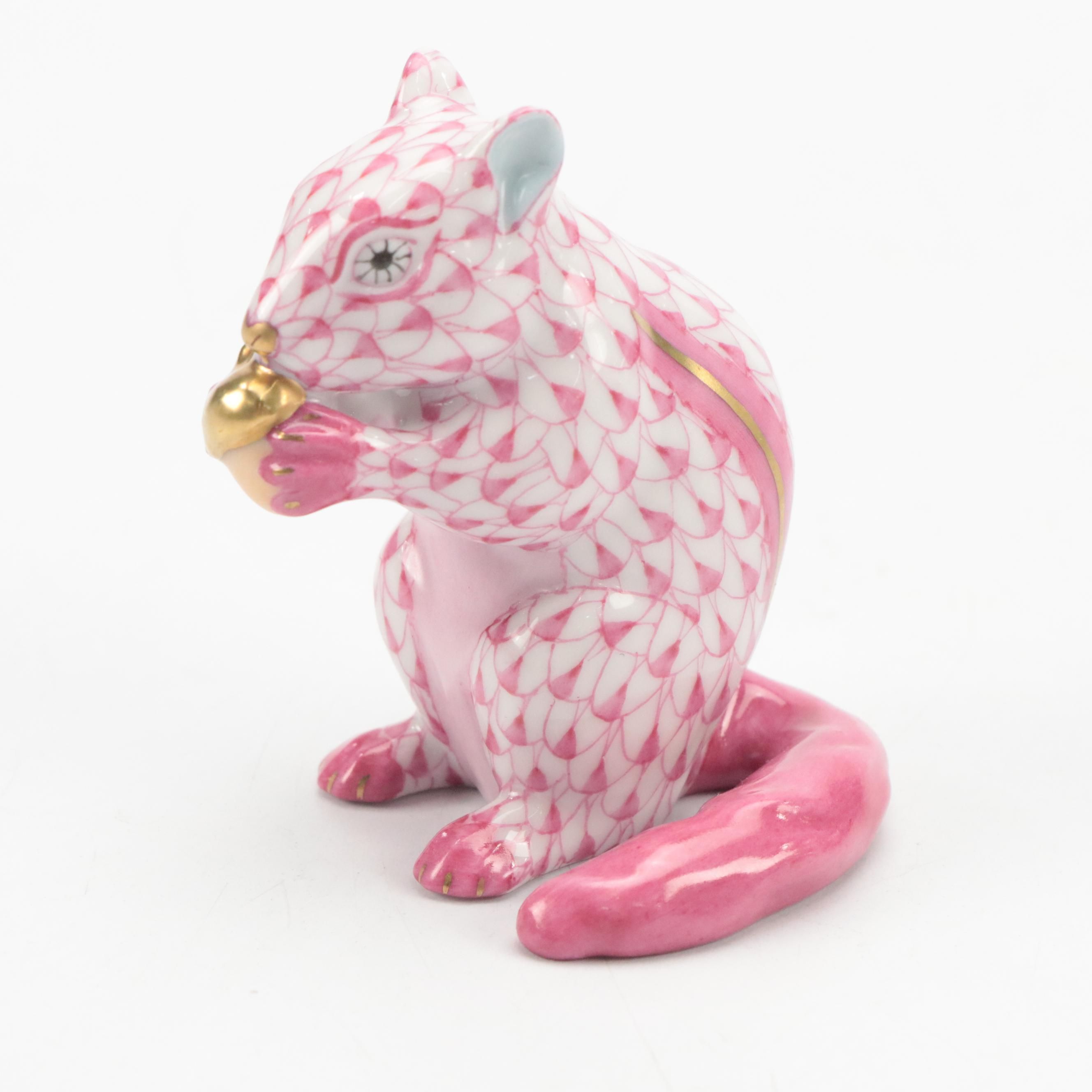 Herend Raspberry Fishnet with Gold "Chipmunk with Acorn" Porcelain Figurine
