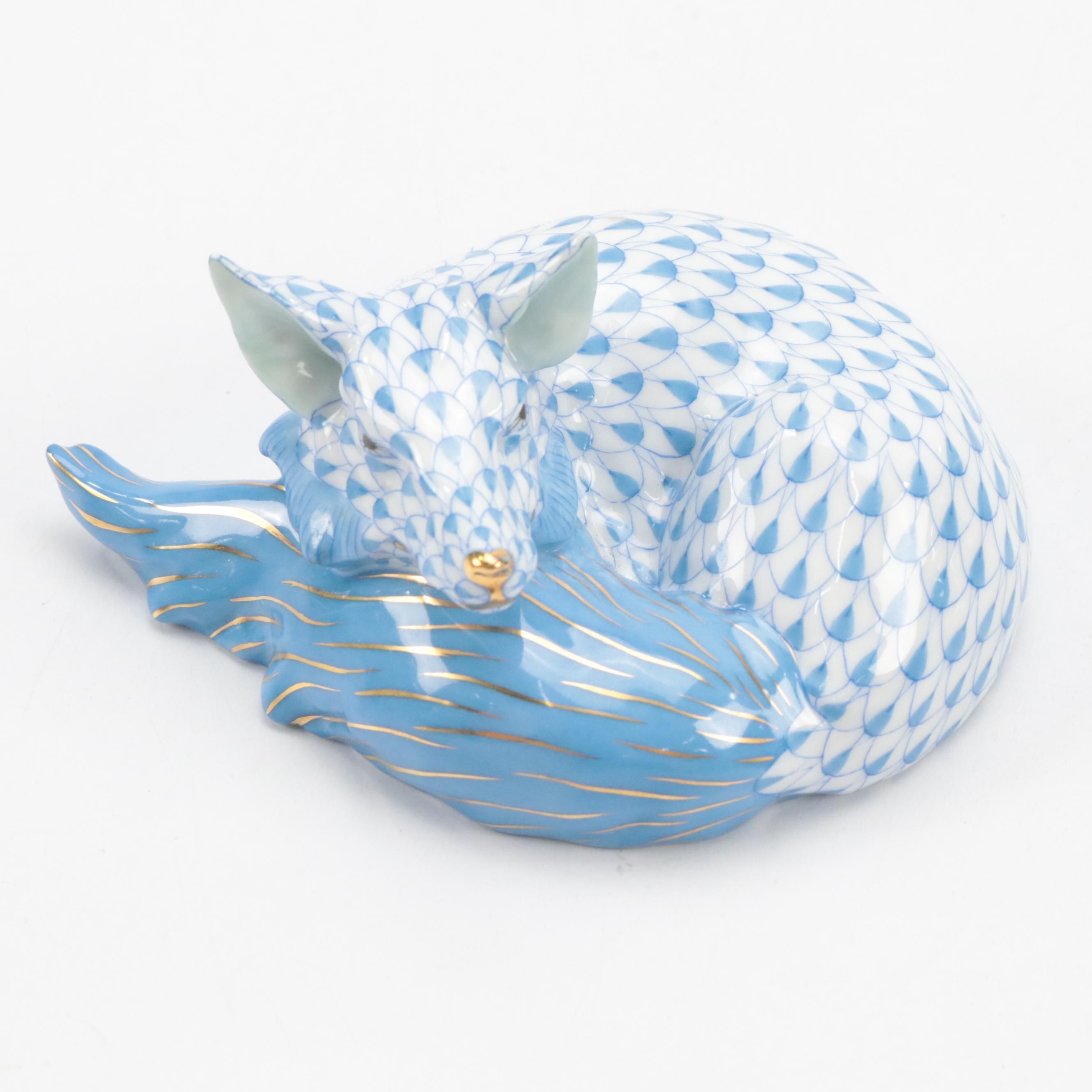 Herend Blue Fishnet with Gold "Sleeping Fox" Porcelain Figurine