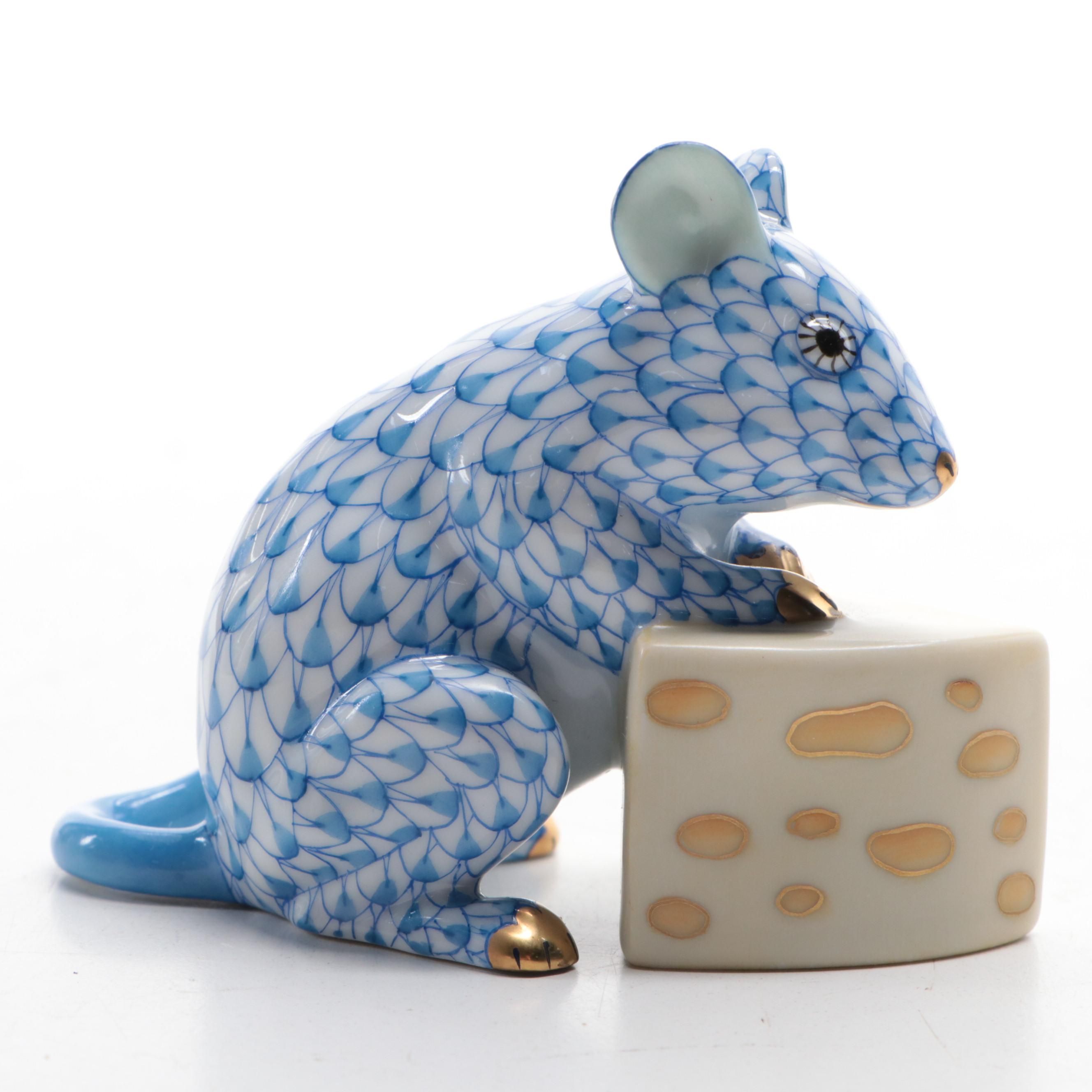 Herend Blue Fishnet with Gold "Mouse with Cheese" Porcelain Figurine