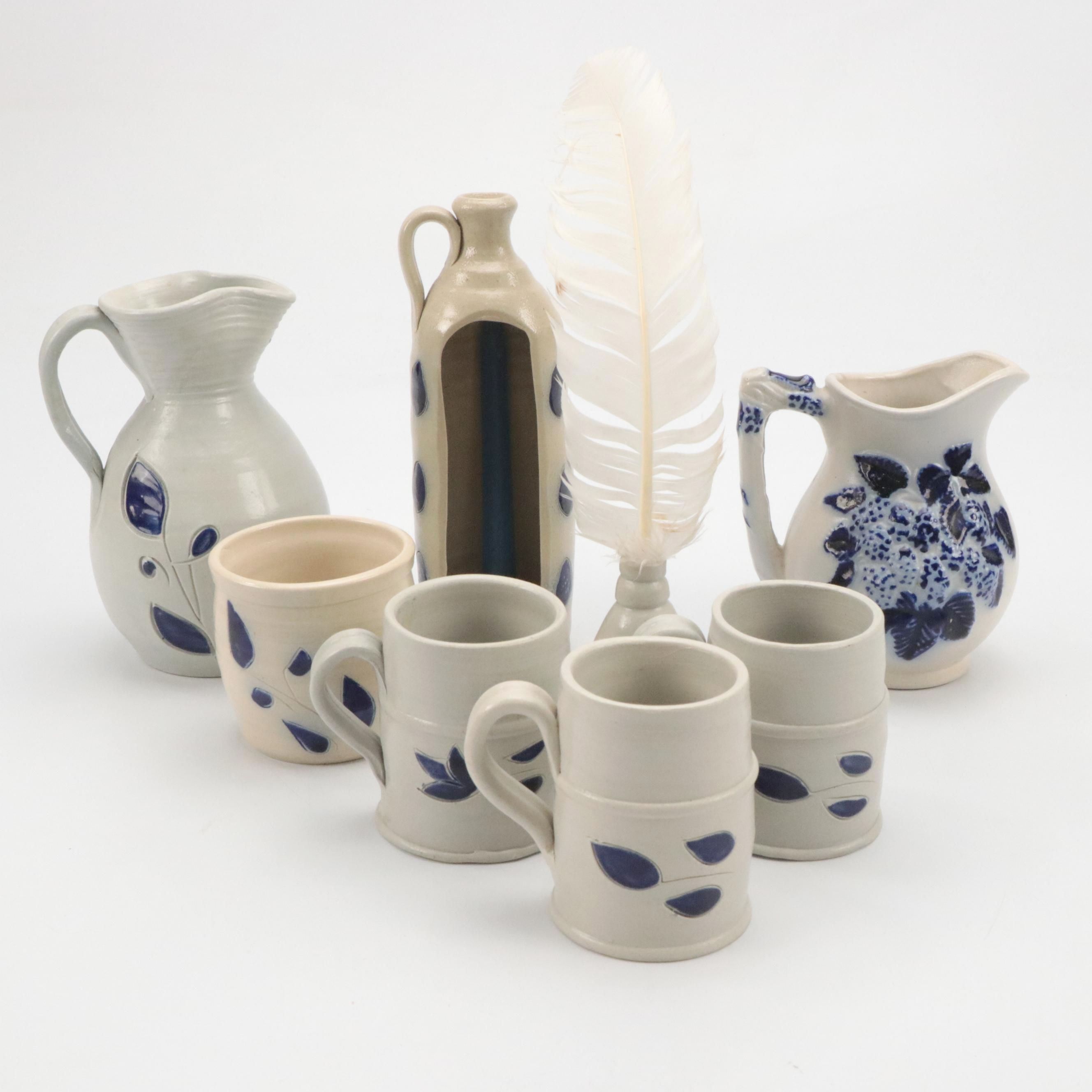Williamsburg Pottery Cobalt Blue Pitcher, Cups and More with Other Pitcher