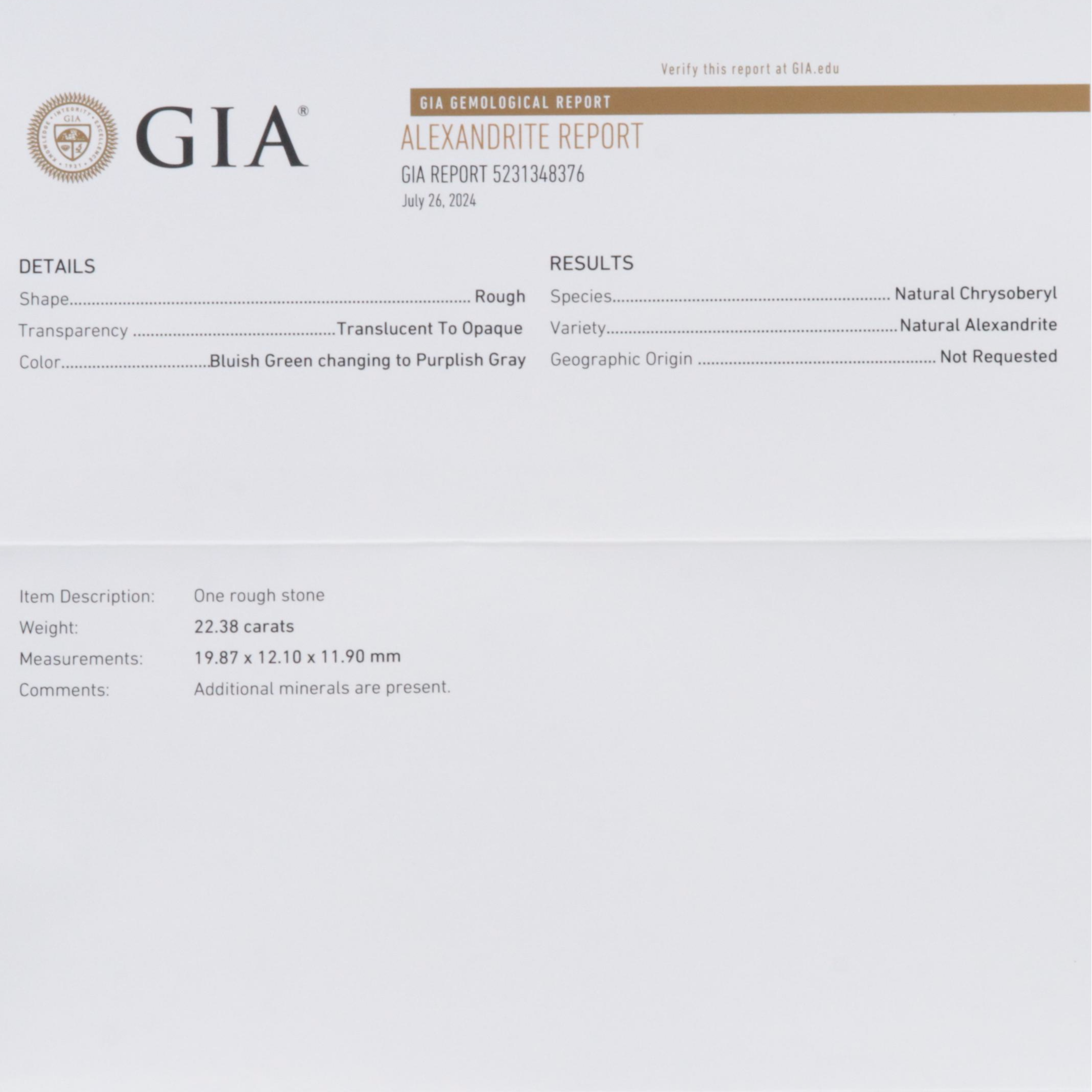 Loose 22.38 CT Rough Alexandrite