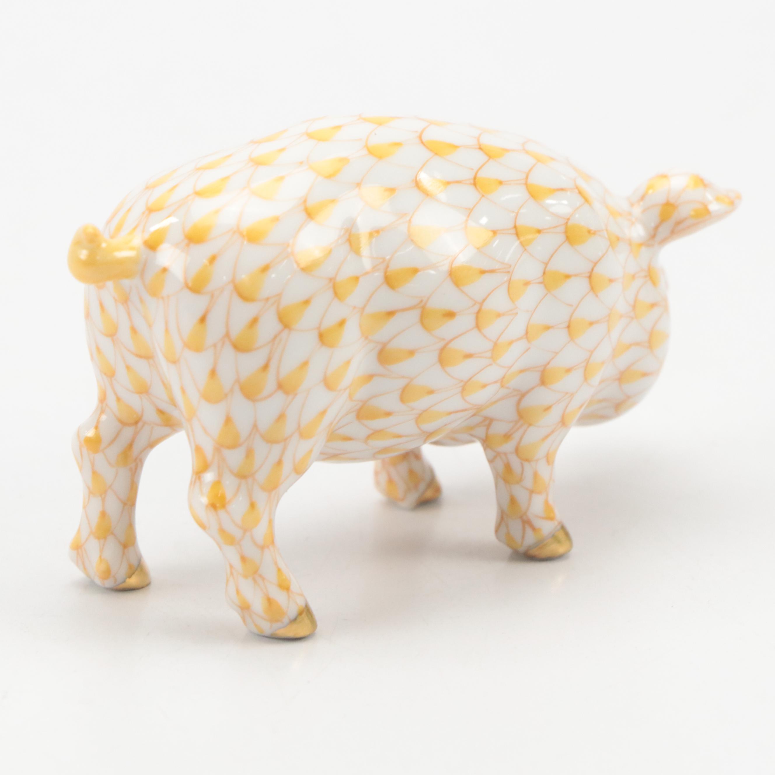 Herend Butterscotch Fishnet with Gold "Pig" Porcelain Figurine