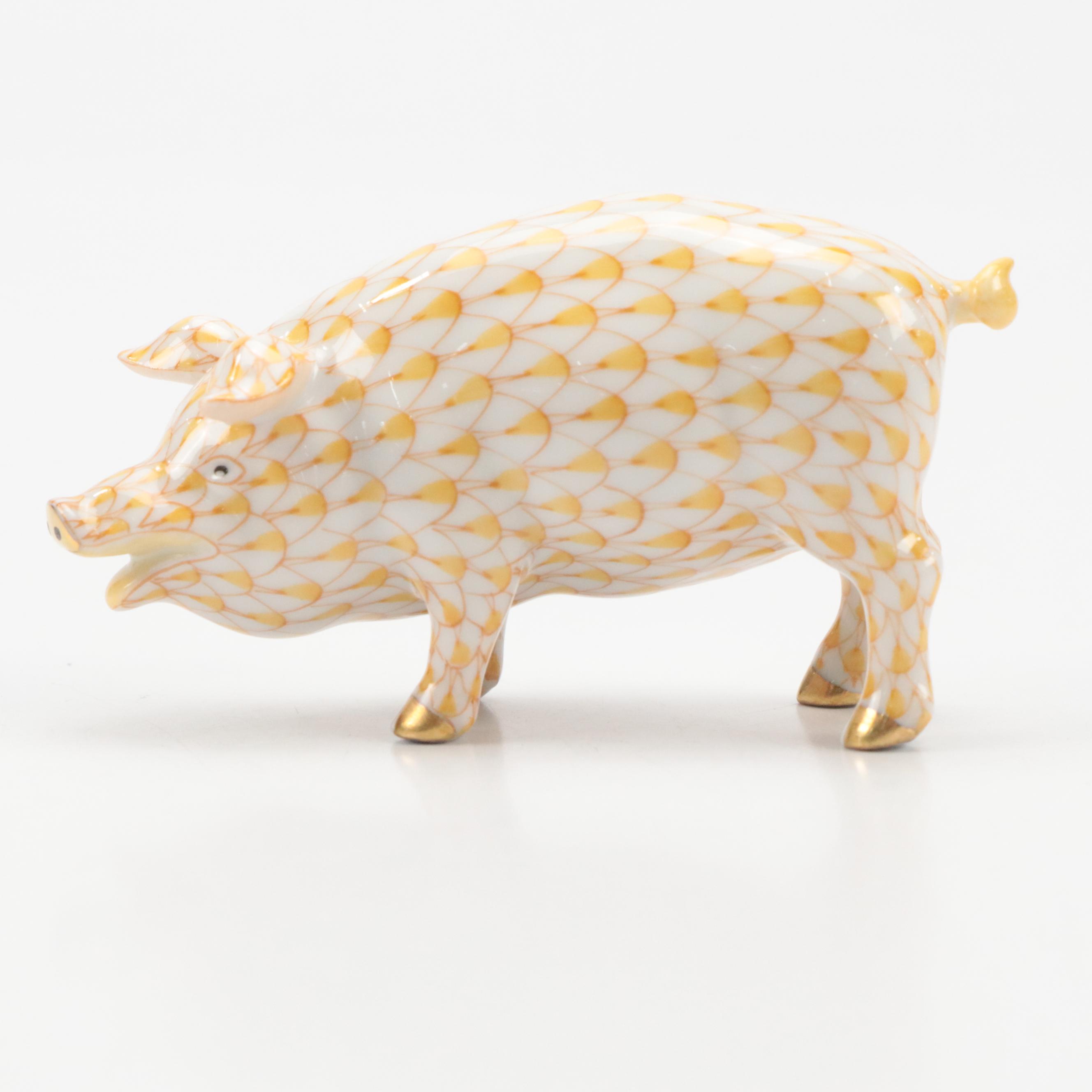Herend Butterscotch Fishnet with Gold "Pig" Porcelain Figurine