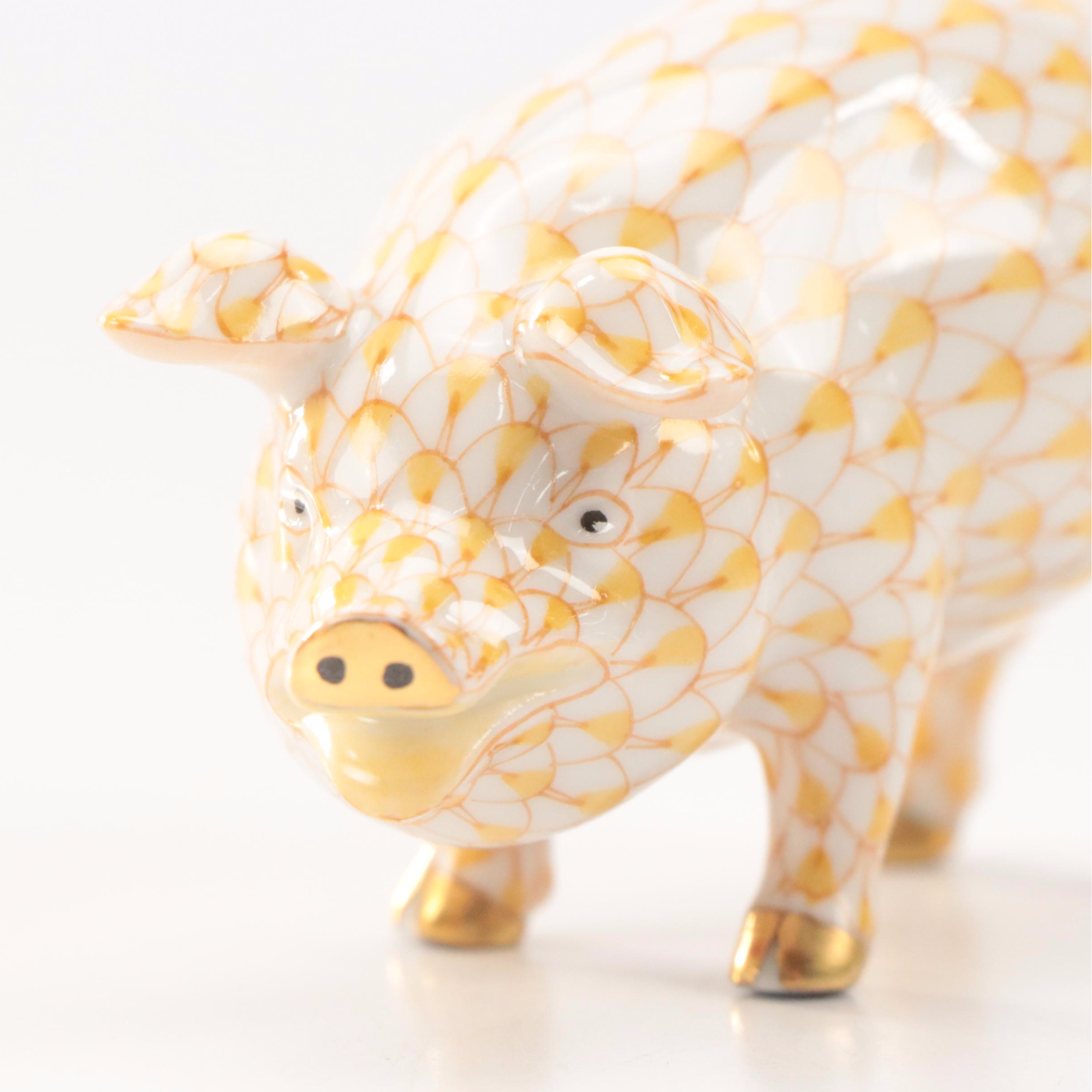 Herend Butterscotch Fishnet with Gold "Pig" Porcelain Figurine