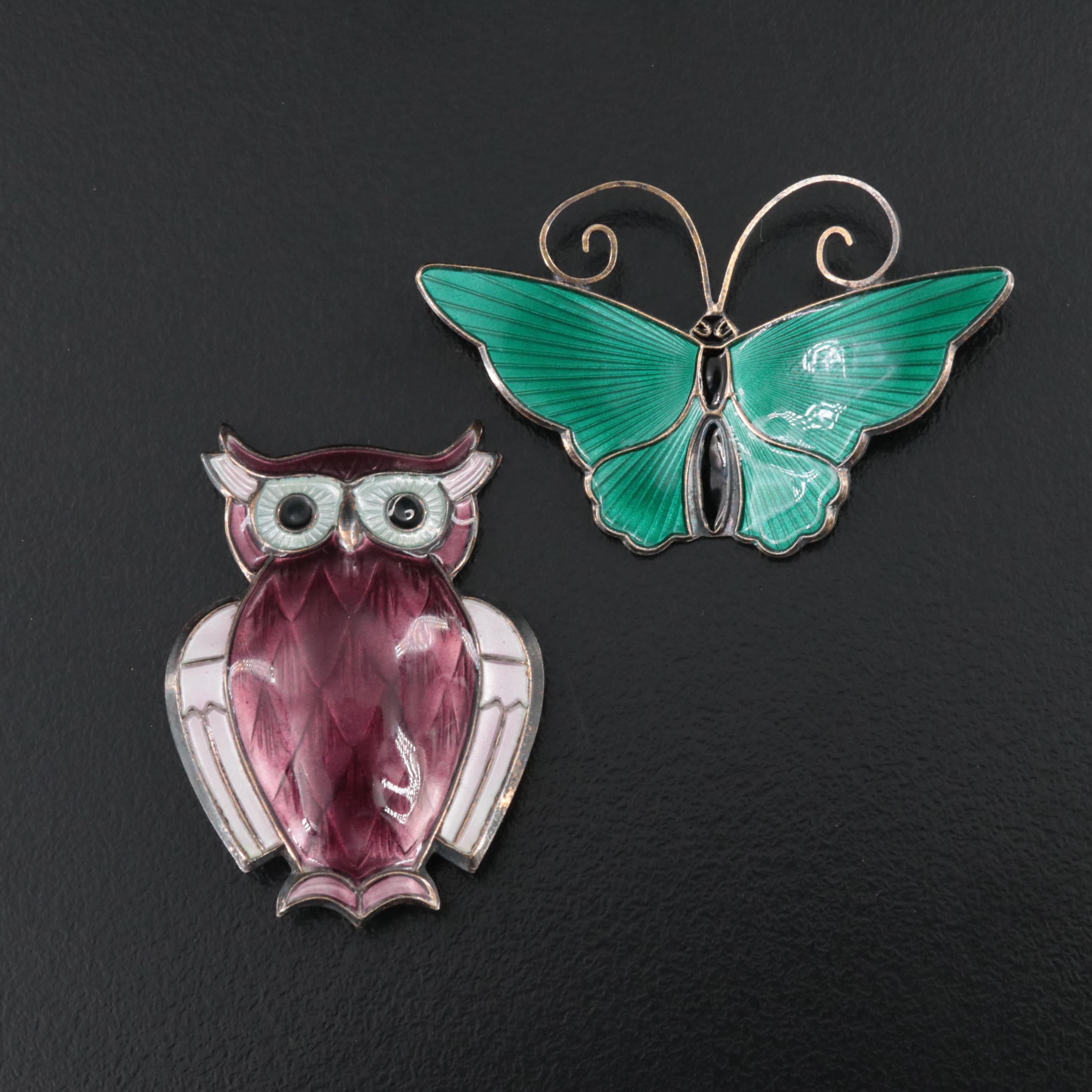 David Andersen Sterling Enamel Butterfly and Owl Brooch