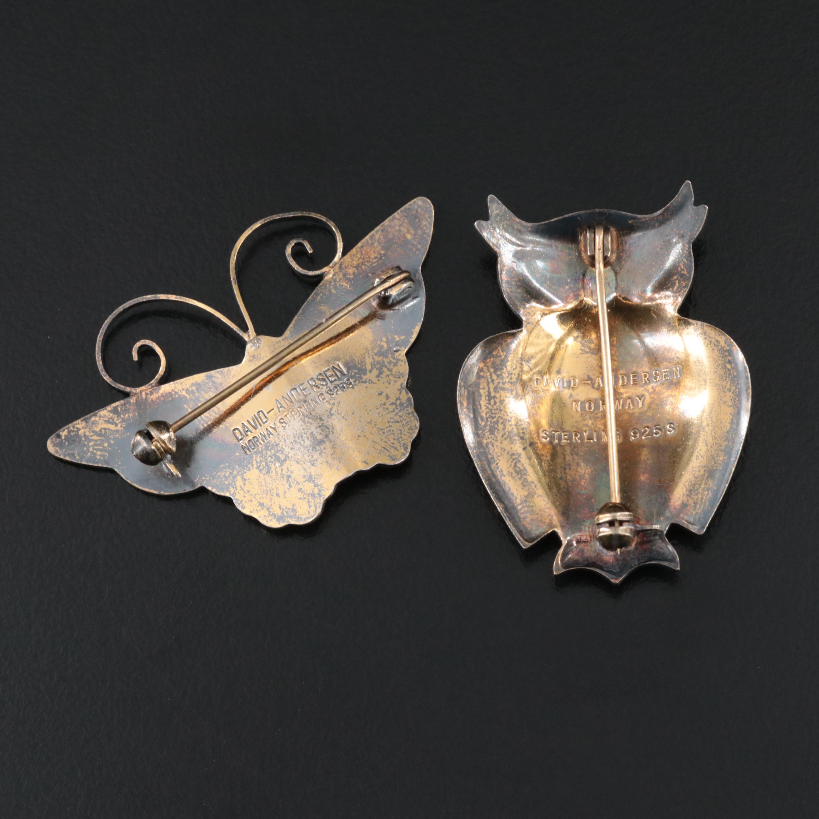 David Andersen Sterling Enamel Butterfly and Owl Brooch