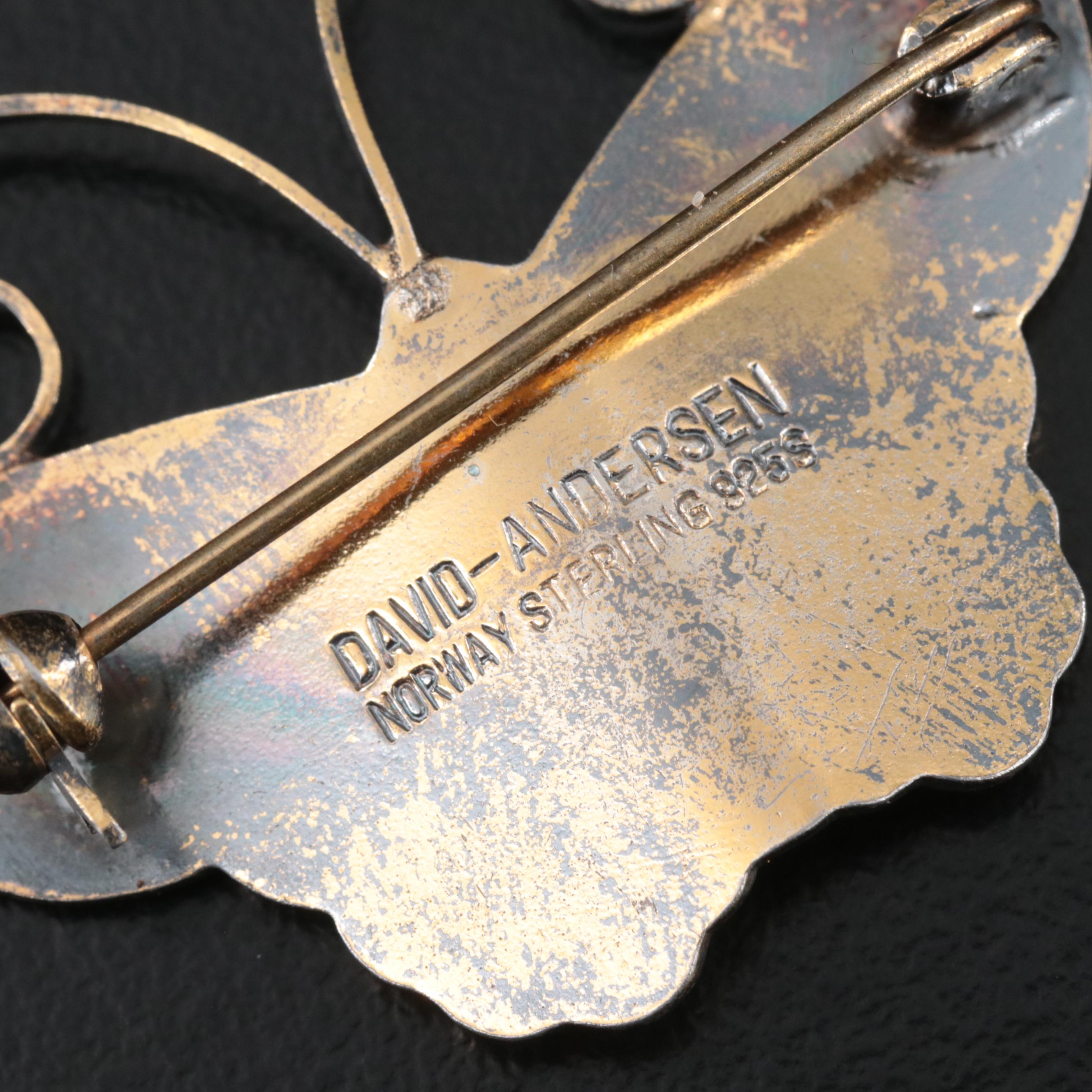 David Andersen Sterling Enamel Butterfly and Owl Brooch