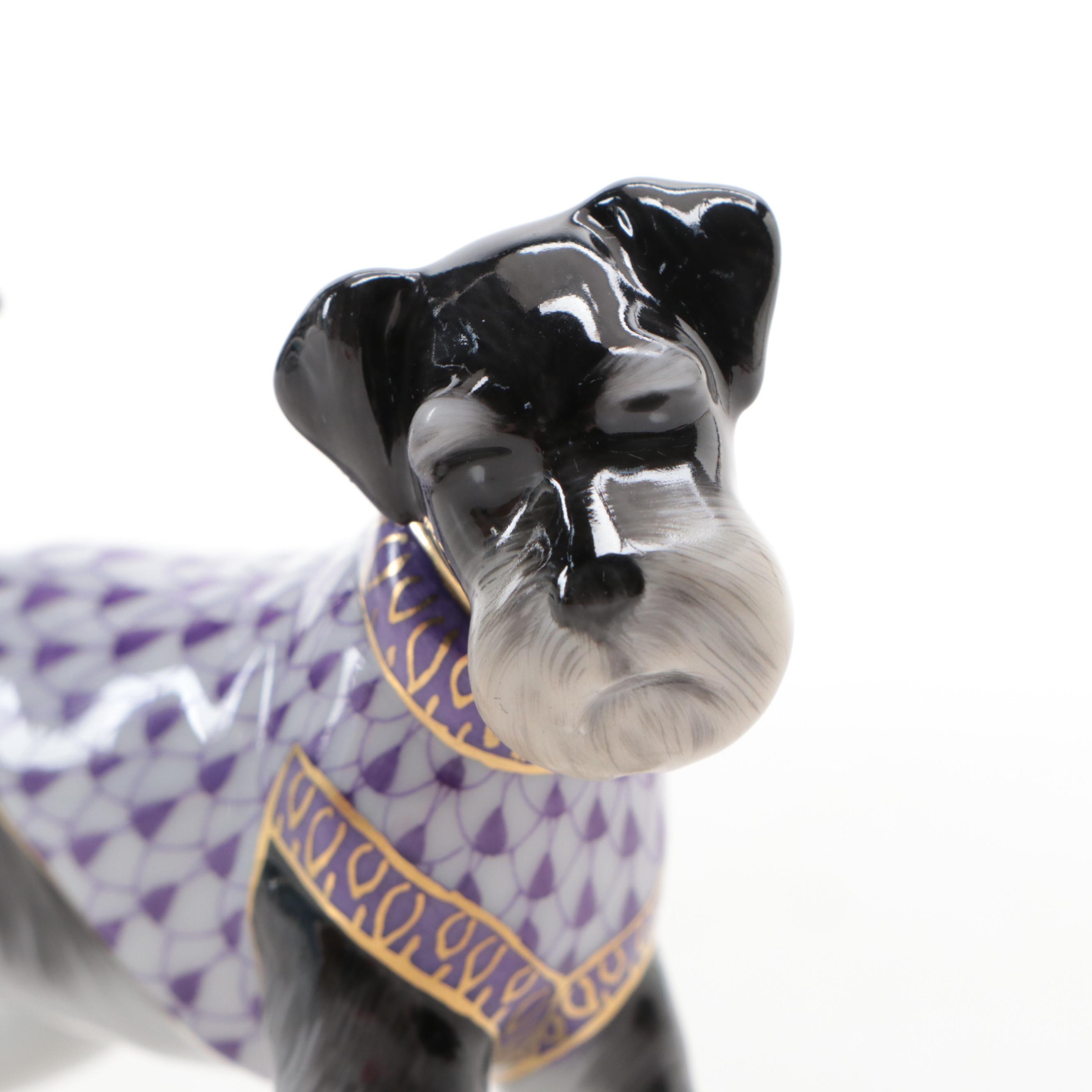 Herend Purple Fishnet with Gold on Natural "Schnauzer" Porcelain Figurine