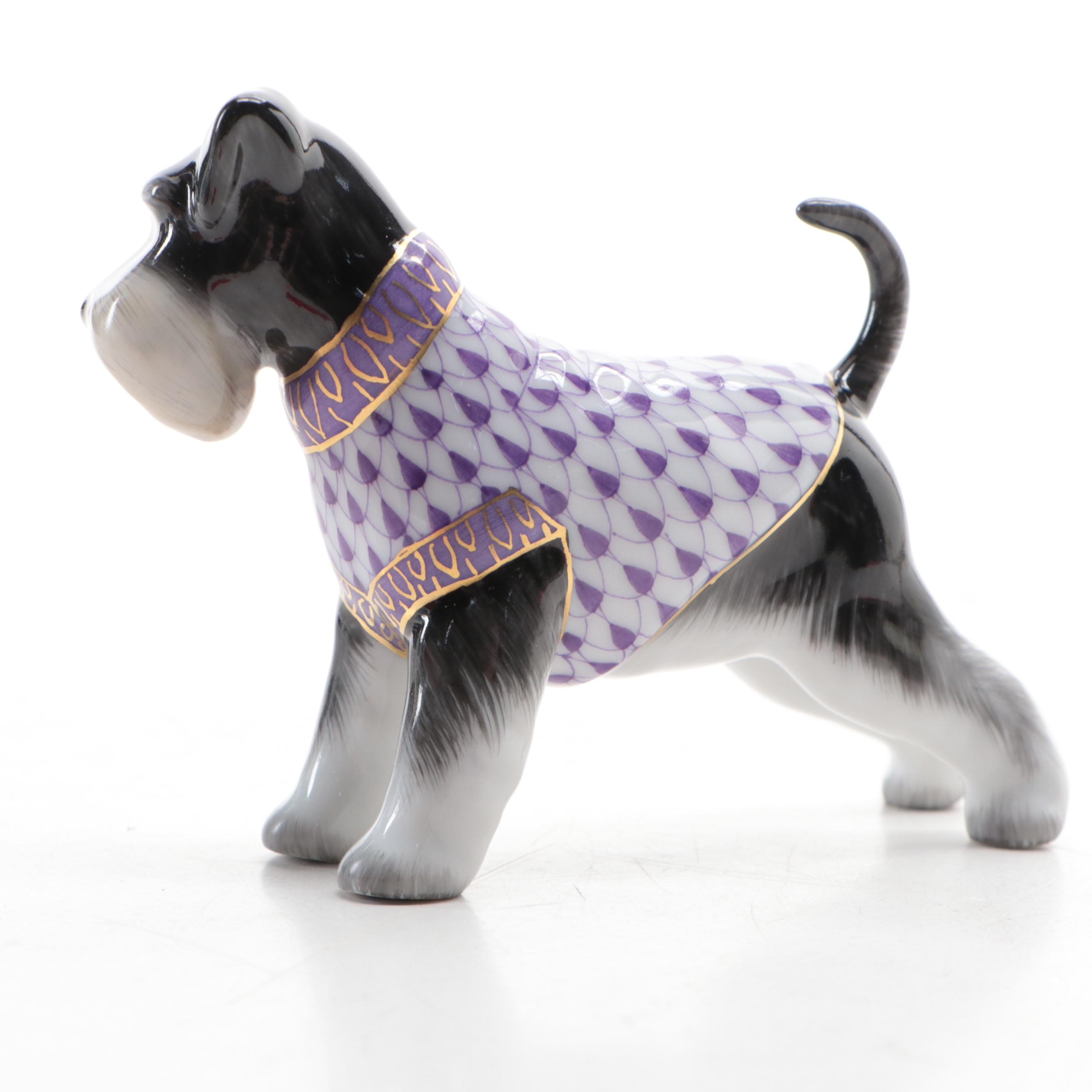 Herend Purple Fishnet with Gold on Natural "Schnauzer" Porcelain Figurine