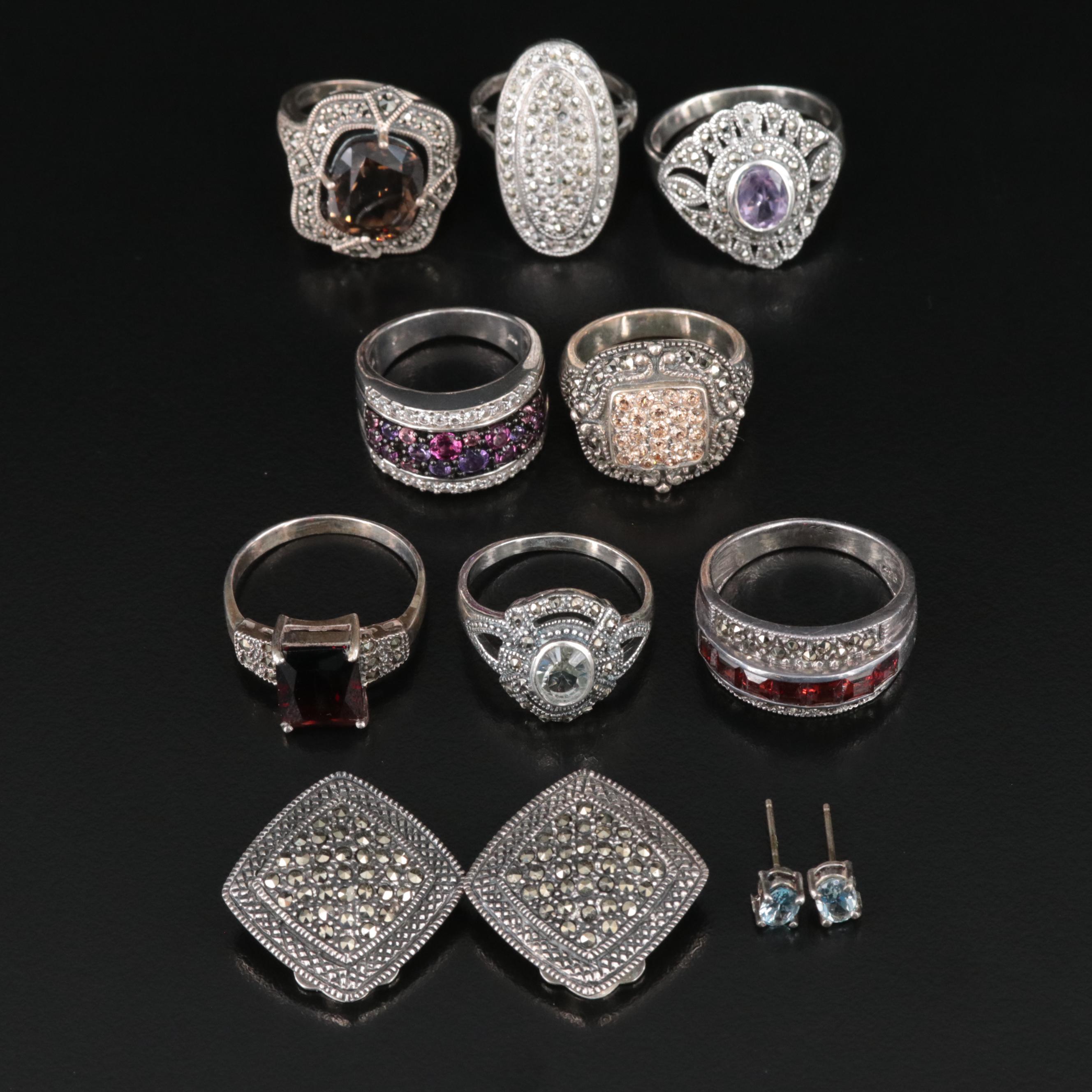 Sterling Gemstone Rings and Earrings Featuring Amethyst, Garnet and Smoky Quartz