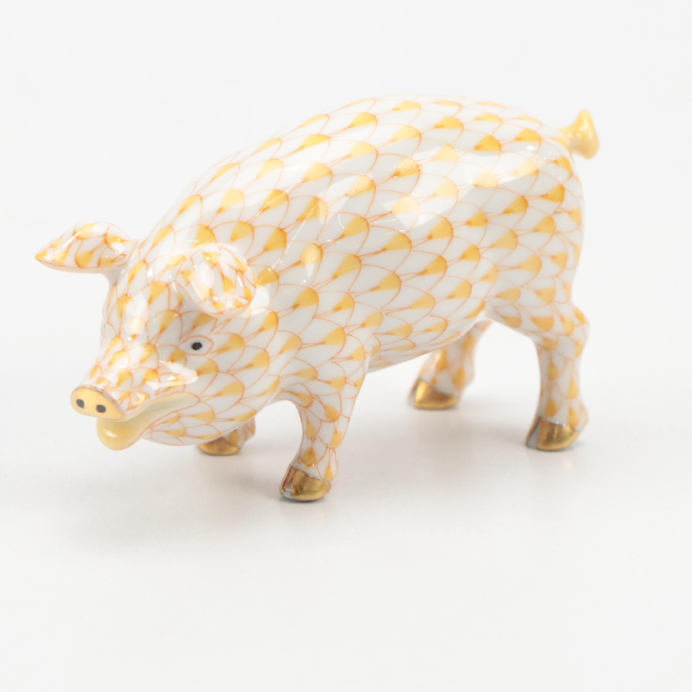 Herend Butterscotch Fishnet with Gold "Pig" Porcelain Figurine